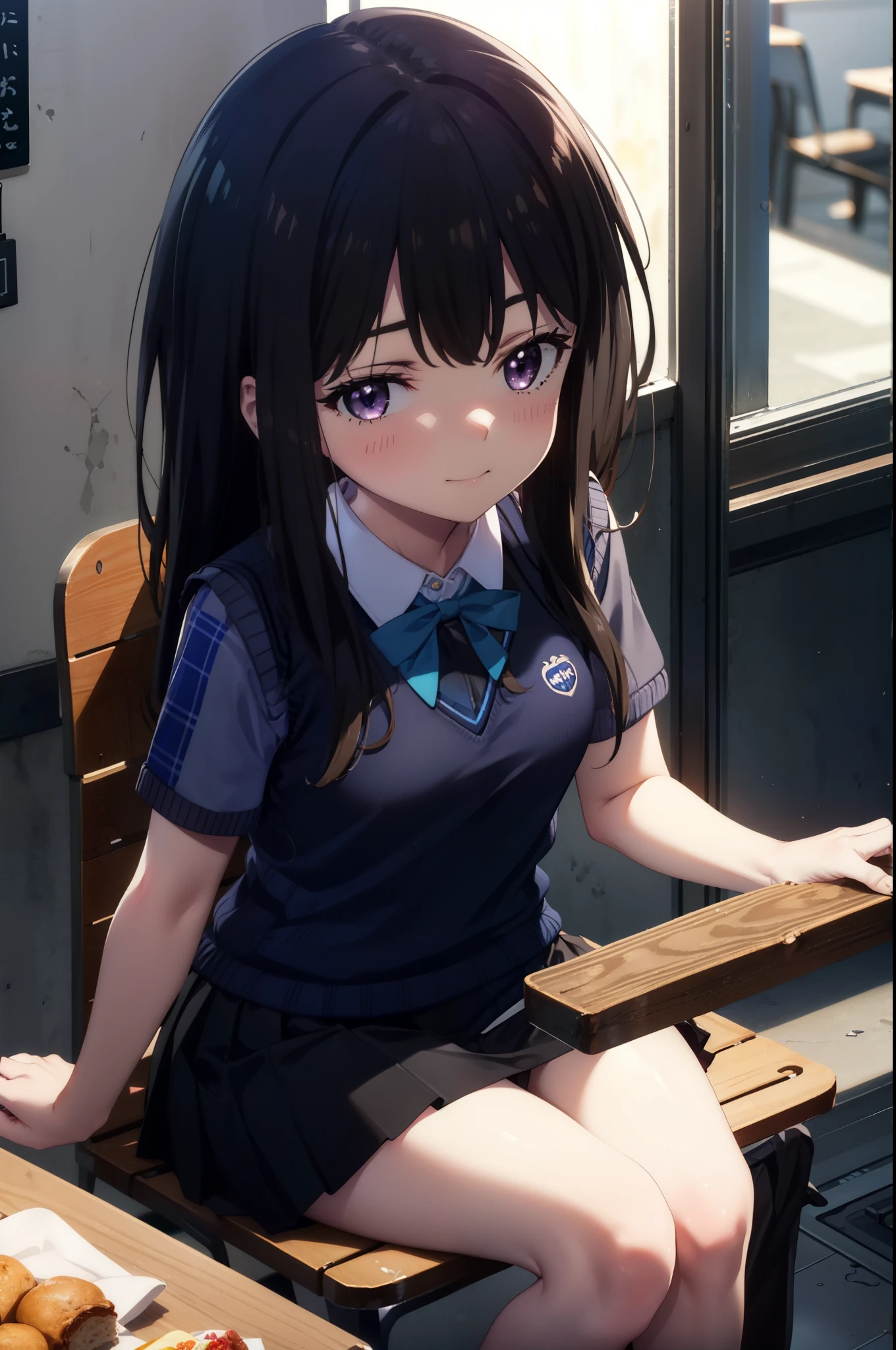 Takiuchi, Inoue Check, Long Hair, bangs, Black Hair, (Purple eyes:1.2),smile,blush,full body,
white yシャツ, Short sleeve, Pleated skirt, Collared shirt, mini skirt, Black pantyhose, (Black Skirt:1.5), Sweater vest, (blue Sweater vest:1.5),Brown Loafers,Daytime,sunny,sitting cross-legged on a chair,whole bodyがイラストに入るように, break looking at viewer whole body,
break indoors, School classroom,
break (masterpiece:1.2), highest quality, High resolution, unity 8k wallpaper, (shape:0.8), (Beautiful details:1.6), Highly detailed face, Perfect lighting, Extremely detailed CG, (Perfect hands, Perfect Anatomy),