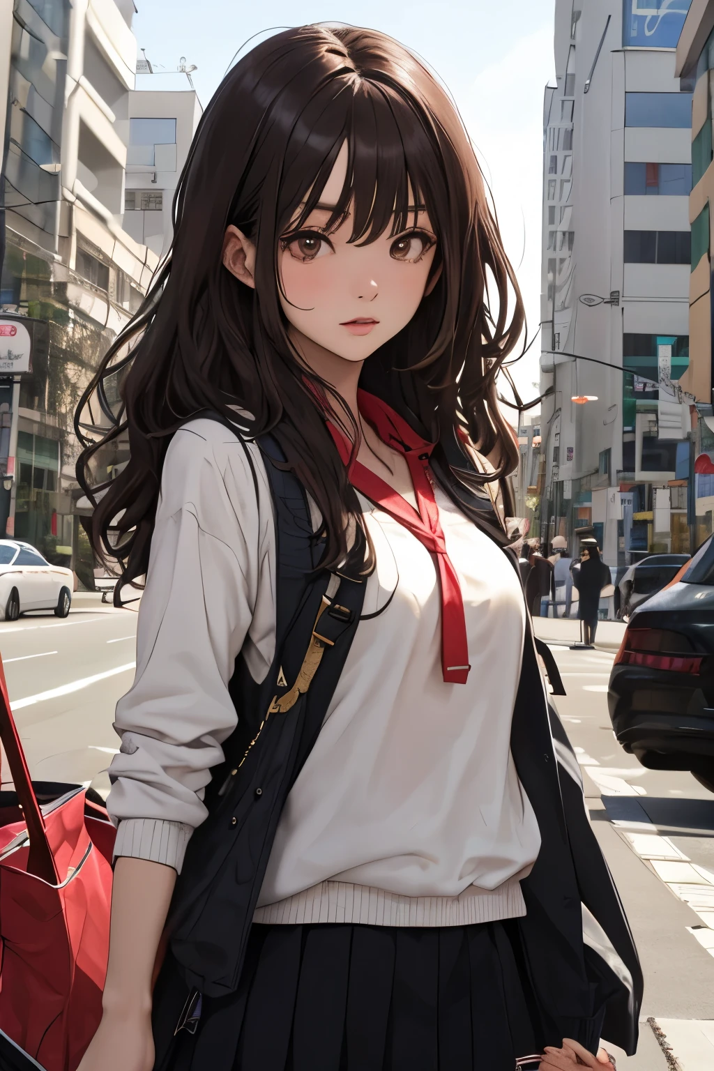 Korean female student with dark brown hair and hazel eyes, flaca y mide 1,60 m. Con ropa escolar