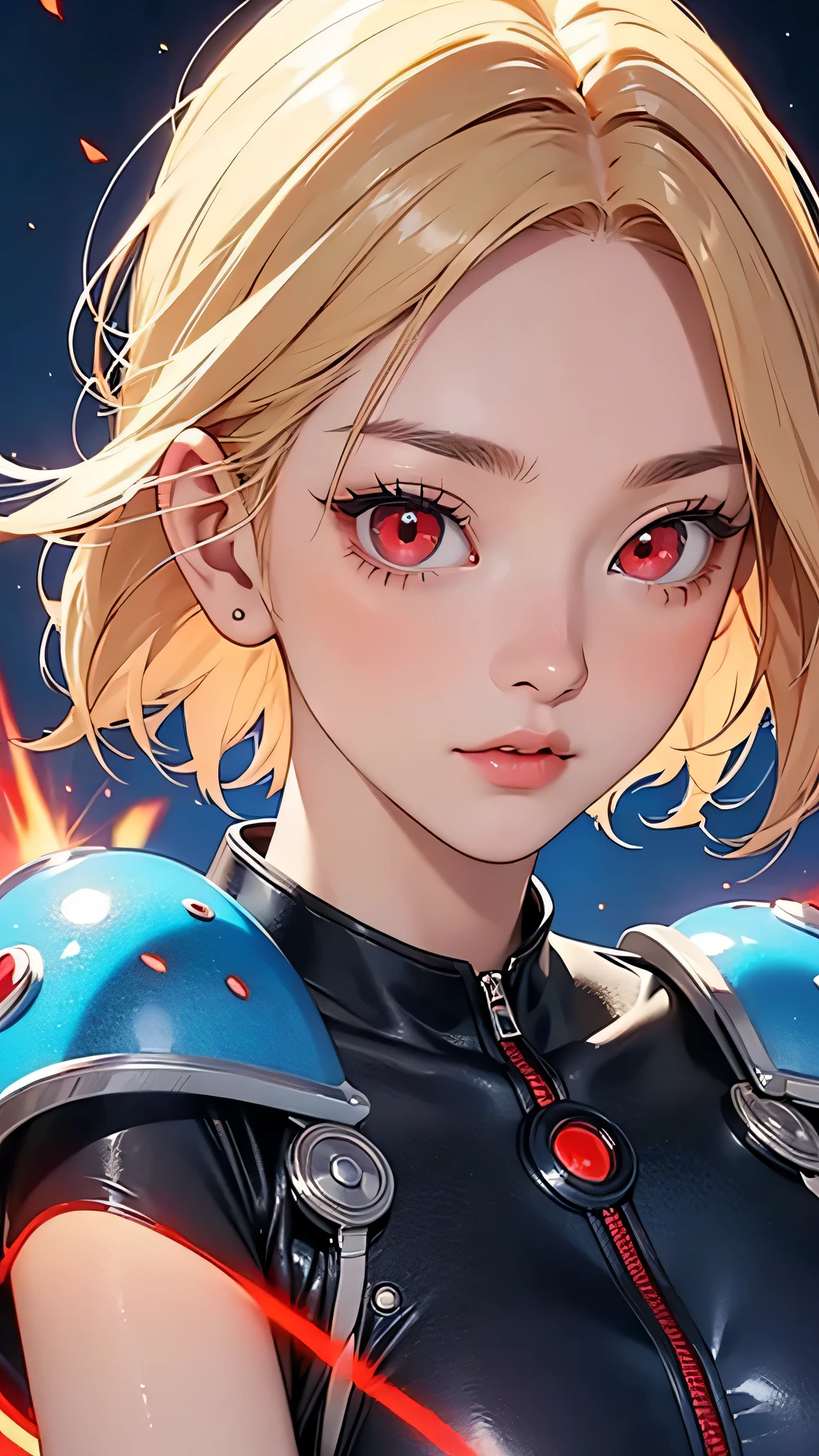 highest quality、Realistic、female、Japanese、zoom、cute、Red glowing eyes、Blonde Hair、Short Hair、Blue Hero Suit、Shiny bodysuit、blue sky、Fly