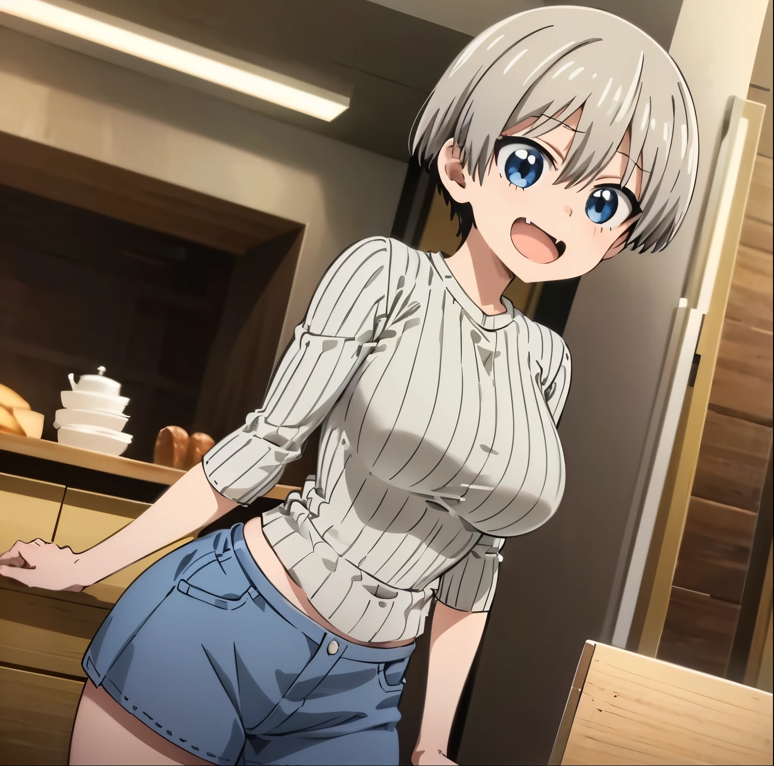 1 girl, alone, uzaki hana, (masterpiece), (best quality), (pixiv), bangs, blue eyes, short hair, gray hair, beige ribbed sweater, fangs, big breasts, slim waist, wide hips, medium thighs , round butt, smile, standing, (extremely detailed CG unity 8k wallpaper), looking at viewer from behind, pov (from below), intricate, cowboy photo, (detailed face, detailed eyes: 1.2), best lighting , bakery, window, perfect hands, perfect anatomy