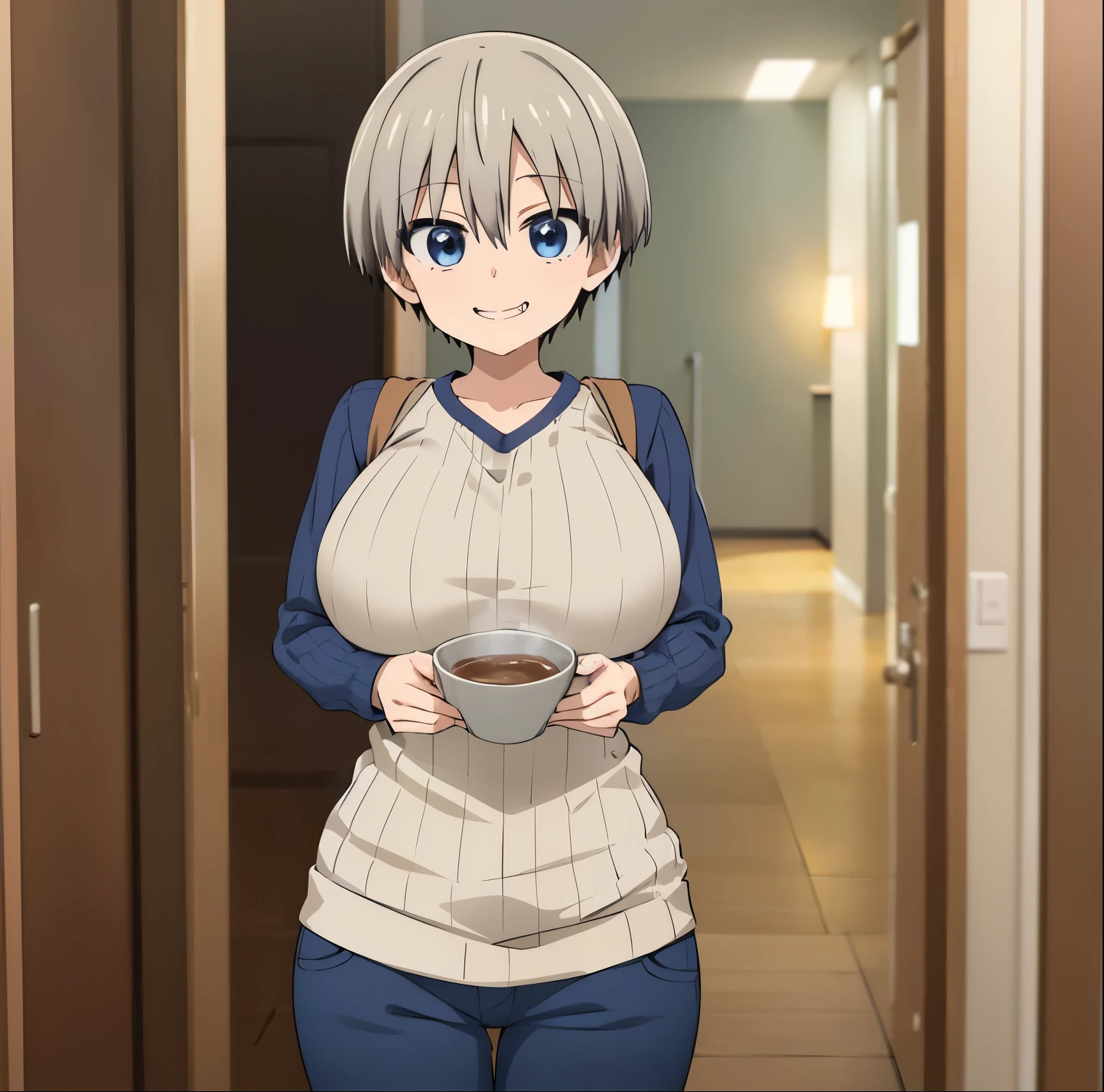 1 girl, alone, uzaki hana, (masterpiece), (best quality), (pixiv), bangs, blue eyes, short hair, gray hair, beige ribbed sweater, fangs, big breasts, slim waist, wide hips, medium thighs , round butt, smile, standing, (extremely detailed CG unity 8k wallpaper), looking at viewer from behind, pov (from below), intricate, cowboy photo, (detailed face, detailed eyes: 1.2), best lighting , bakery, window, perfect hands, perfect anatomy