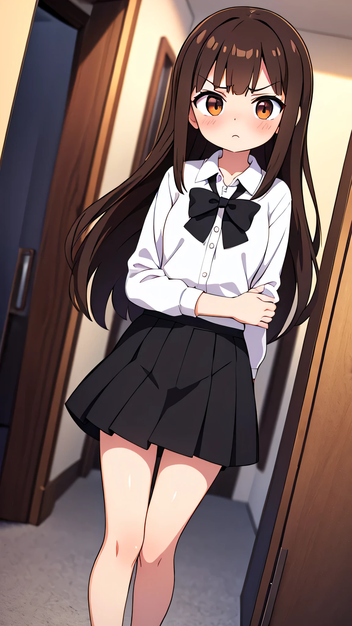 masterpiece、highest quality),Brown Hair,Hime cut,Long Hair,Bangs,girl,In town,In a suit,OL,Woman with an angry face,Blushing,Slender women, A woman wearing plain black pumps,Bare feet and pumps,Open collar,Stand with your legs together,hold the skirt with both hands,From an angle