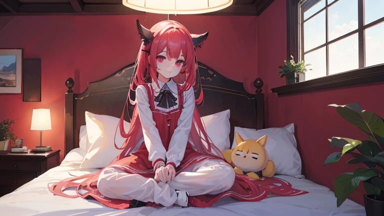 1 chica, pelo largo y rosa, cuernos rojos, camisa de cuello blanco, corbata negra, sonrisa ligera, ojos amarillos, Corneo_fuerza,, habitacion, cama, comoda, silla, lampara, escritorio,, , absurdos, ojos detallados, extremadamente detallado, Volumetric lighting, Realista, Realista lighting, 8k, cinematic lighting, profundidad de campo, perfecto, hiperdetallado, photoRealista, ultra Realista, Realista light, harsh lighting, detalles intrincados, Stop Motion, mapeo de tonos, sharp focus, hiper detallado,
