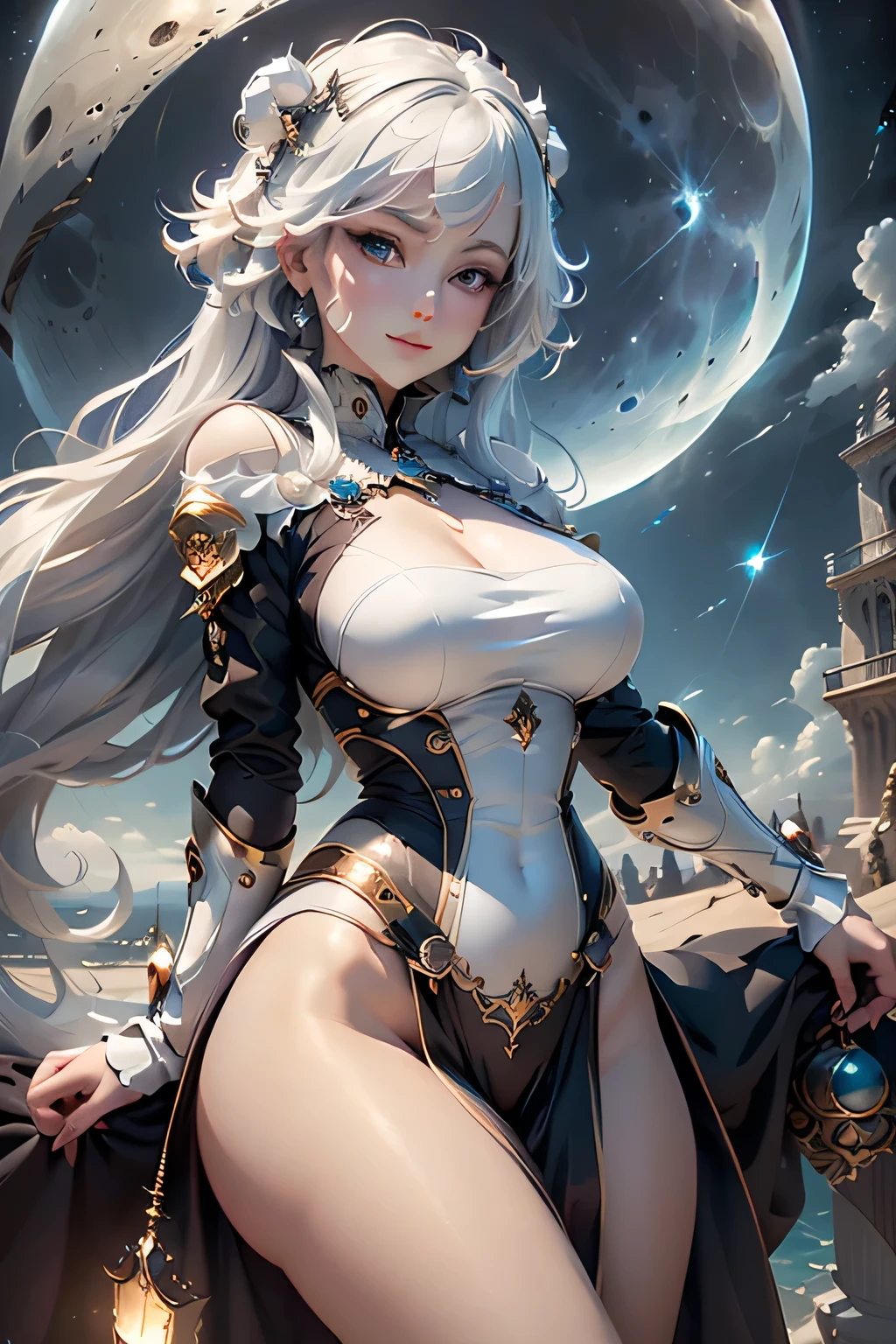 (masterpiece, best quality, dutch angle)(1girl, solo)(medium breasts, white hair, aqua eyes)(smile, floating hair, from behind)(universe、Milky Way、The moon looks close)
