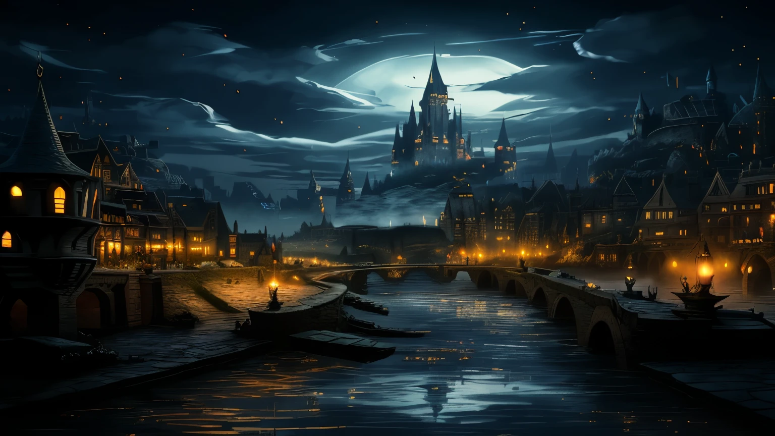 Night view of the river with the castle in the background, Dark Fantasy City, Stylized urban fantasy art, Fantasy Cityscape, A bustling magical town, Medieval fantasy town, Highly detailed digital art in 4K, fantasy city background, Urban fantasy setting, Victorian cities, 4K Fantasy Art, Fantasy City, Medieval city, Medieval dark fantasy, fantasy town