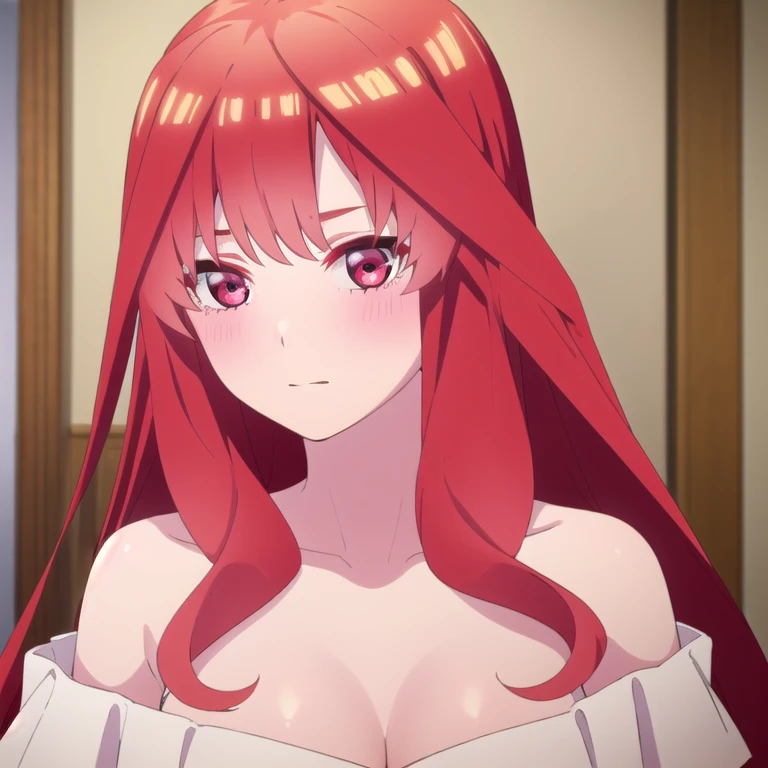 (Extremely detailed CG unity 4k wallpaper), (masterpiece), (Best Quality), (ultra detailed) ,(best illustration), (best shadow), (absurdities), (detailed background), Mio Naruse, 1 girl, old, bare shoulders (detailed hands), breasts, neckline, demon girl, breasts grandes, by the wide, Red eyes, Red hair, Alone, towel, flushed, open mouth