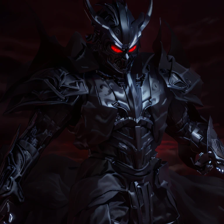 An exquisitely detailed illustration of a demon samurai warrior in a dark suit, wielding a glowing sword. The character is a fusion of Japanese and cyberpunk elements, with a touch of the Gears of War style as seen in the armor and weaponry. The samurai has a sinister, almost demonic visage, with a mix of human and cybernetic features. His dark armor is adorned with intricate details, reminiscent of the stylistic work of Raymond Swanland. The background is a dark, eerie landscape with an ominous atmosphere. The character exudes an air of power and menace, perfectly capturing the essence of the demon knight of death.