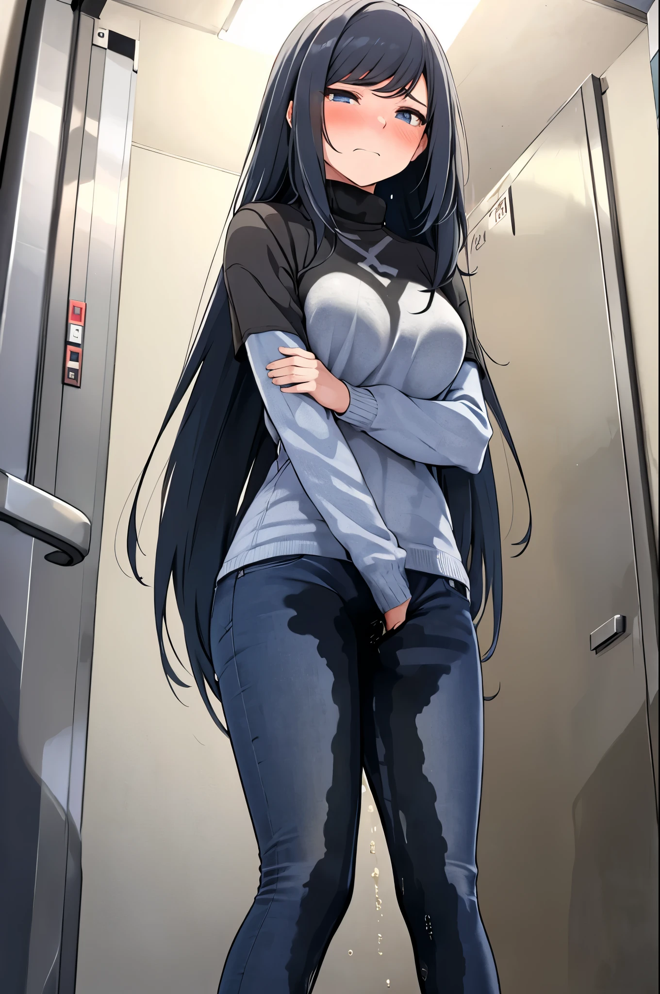 A woman with very long black hair, (very long hair:1.25) and (long bangs:1.5), wearing a stylish wool turtleneck sweater with jeans, long sleeves, (low-rise jeans:1.25), (low-cut jeans:1.25), standing. The artwork is inspired by manga and incorporates a doujin style. The woman appears to be (wetting herself:1.5), which causes her to feel embarrassed and humiliated, resulting in a blush on her face. In addition, there is an air of anger in her expression. The lighting in the scene is moody, with a spotlight highlighting the woman's figure, Her arms are crossed (crossing arms:1.5), showcasing a very large pee stain that covers almost the entire front of her jeans., large breasts, skinny