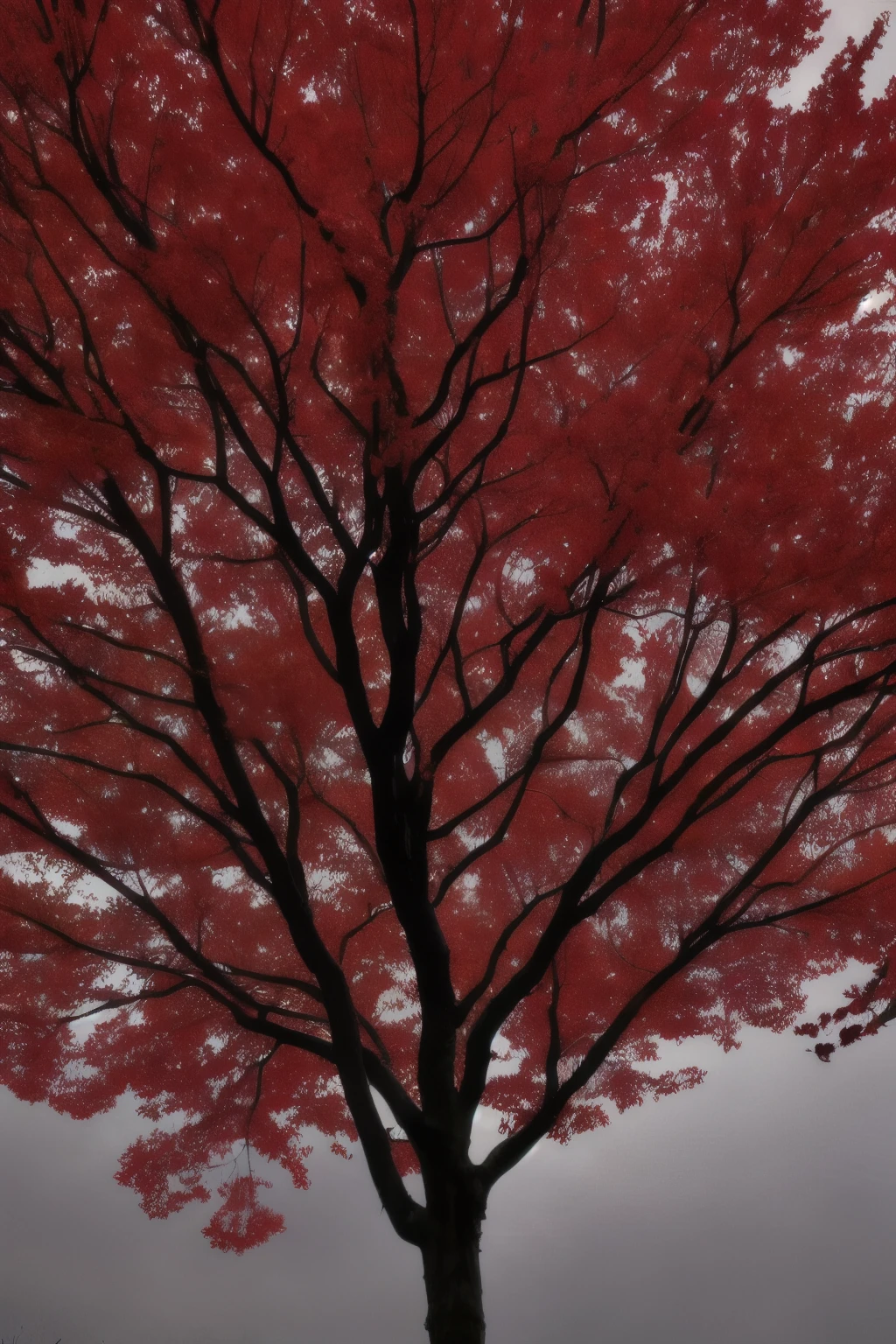 Campo aberto com grama branca, a black hole replacing the sun the skies are red and raining blood, there is also a single solitary tree with pale leaves.