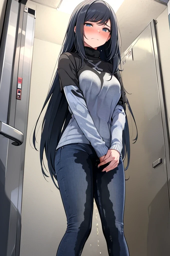 A woman with very long black hair, (very long hair:1.25) and (long bangs:1.5), wearing a stylish wool turtleneck sweater with jeans, long sleeves, (low-rise jeans:1.25), (low-cut jeans:1.25), standing. The artwork is inspired by manga and incorporates a doujin style. The woman appears to be (wetting herself:1.5), which causes her to feel embarrassed and humiliated, resulting in a blush on her face. In addition, there is an air of anger in her expression. The lighting in the scene is moody, with a spotlight highlighting the woman's figure, Her arms are crossed (crossing arms:1.5), showcasing a very large pee stain that covers almost the entire front of her jeans., large breasts, skinny