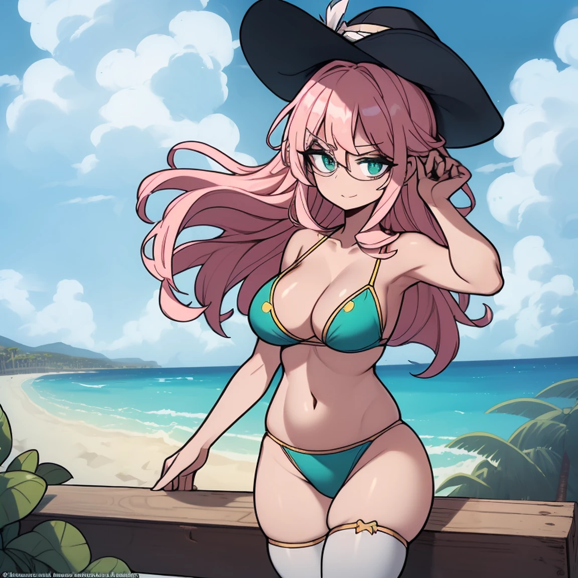 (masterpiece, best quality:1.2), cowboy shot, (solo), (1girl):1.5, glasses, long fluffy pink hair, hair blowing, gorgeous body, wide hips, slight smile, (sexy swimswit), navel exposed, belly, gorgeous mid breasts, breasts niples, (cameltoe), in front a palms in a windy beach, view form sea to beach.