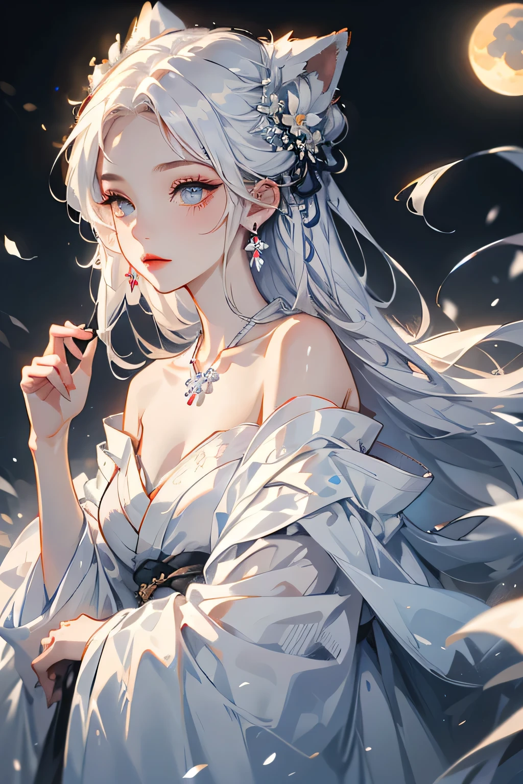 (masterpiece, highest quality:1.2), 1 girl, alone, ((Off-the-shoulder kimono、necklace)), ((night)), ((White Hair))lanthanum, Deep in Wonderland,The moonlight pours down like water,fog,The heroine's figure is vaguely visible,Big Breasts,Cute face,Slightly upturned corners of the mouth,Like a fairy,Clothes Fluttering,Her hair is casually tied back,A few strands of hair are swaying gently in the wind、Beautiful cleavage、(Fox Ears,Fox's Tail、Fox)(huli,Fox ear):1.5、Underwear shoulder straps