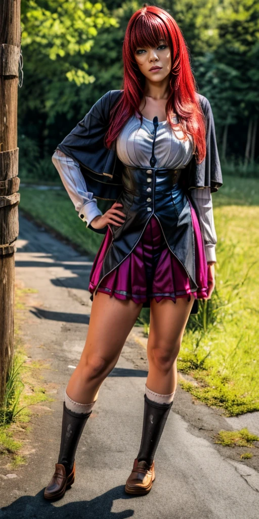 (Vladilena Milize) (masterpiece, best quality:1.2, realistic, photo-realistic:1.4) RAW photo, 8k, high resolution, intricate details, extremely detailed, depth of field (full body, front view, socks, loafers:1.8) ANIME_DxD_Rias_Gremory_ownwaifu, Rias Gremory, 1sologirl, a female student standing, very long red hair, bangs, big scar between eyes, hair over large breasts, blue eyes, collarbone, thigh highs, Kuoh academy uniform, black capelet, underbust black corset, collared shirt, long sleeves, miniskirt, layered skirt, purple skirt, black neck ribbon, thighhighs, photo background, outdoors, overgrown, urban ruins, daytime, Sunnyside daytime in hot summer,
(peeing self, urination, large urine puddle, desperate pose for peeing)