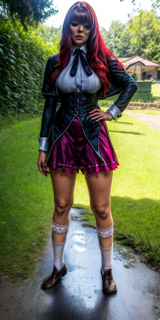 (Vladilena Milize) (masterpiece, best quality:1.2, realistic, photo-realistic:1.4) RAW photo, 8k, high resolution, intricate details, extremely detailed, depth of field (full body, front view, socks, loafers:1.8) ANIME_DxD_Rias_Gremory_ownwaifu, Rias Gremory, 1sologirl, a female student standing, very long red hair, bangs, big scar between eyes, hair over large breasts, blue eyes, collarbone, thigh highs, Kuoh academy uniform, black capelet, underbust black corset, collared shirt, long sleeves, miniskirt, layered skirt, purple skirt, black neck ribbon, thighhighs, photo background, outdoors, overgrown, urban ruins, daytime, Sunnyside daytime in hot summer,
(peeing self, urination, large urine puddle, desperate pose for peeing)