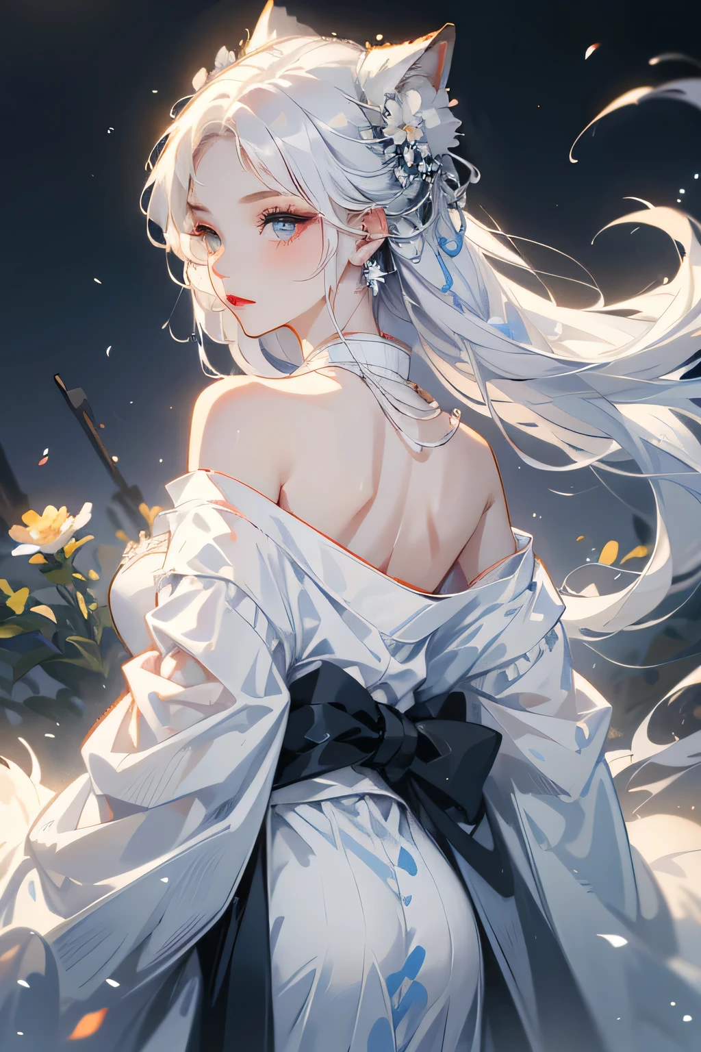 (masterpiece, highest quality:1.2), 1 girl, alone, ((Off-the-shoulder kimono、necklace)), ((night)), ((White Hair))lanthanum, Deep in Wonderland，The moonlight pours down like water，fog，The heroine&#39;s figure is vaguely visible，Big Breasts,Cute face，Slightly upturned corners of the mouth，Like a fairy,Clothes Fluttering，Her hair is casually tied back，A few strands of hair are swaying gently in the wind、Beautiful cleavage、(Fox Ears,Fox&#39;s Tail、Fox）(huli,Fox ear):1.5、Underwear shoulder straps
