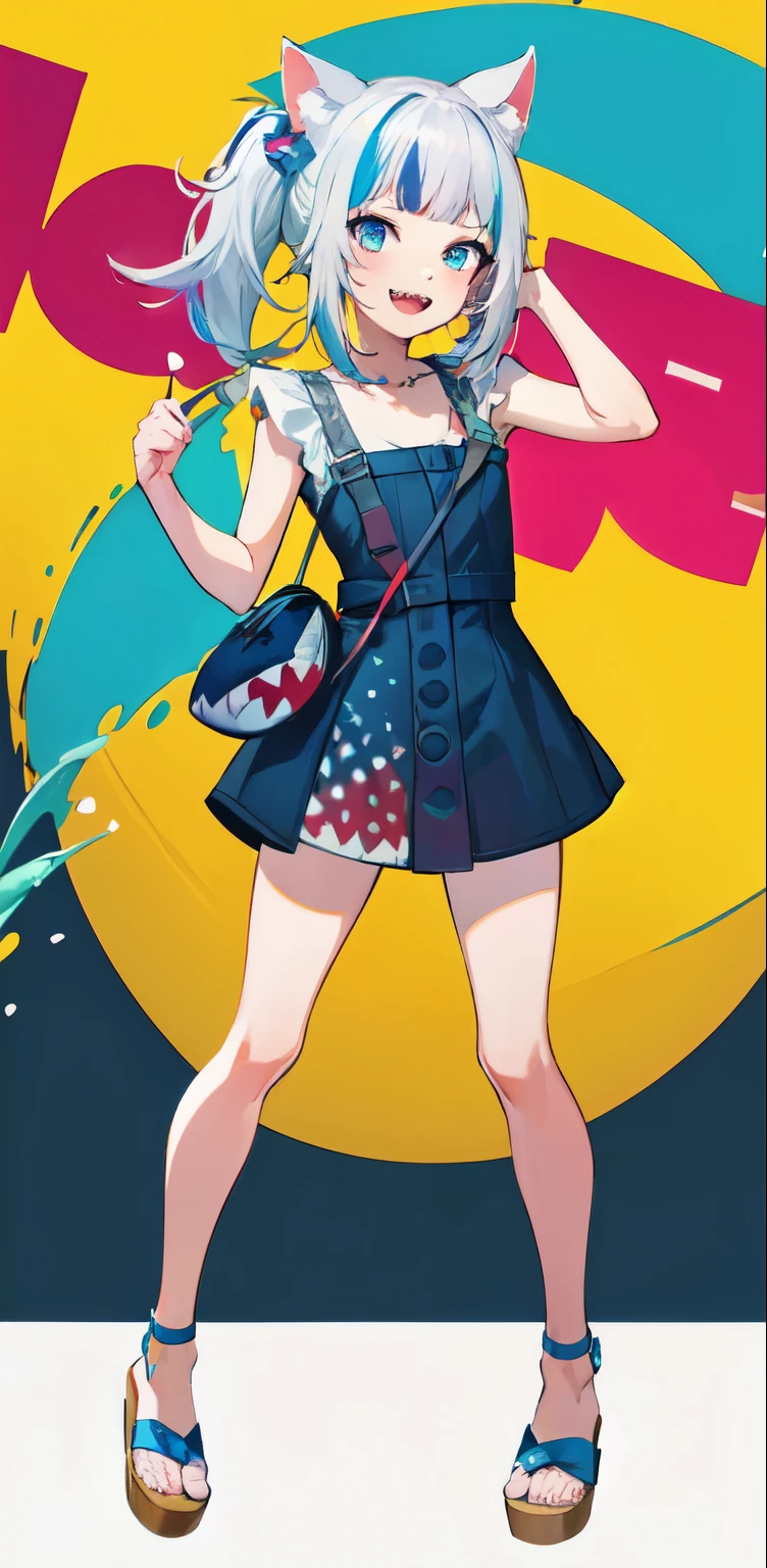 masterpiece, high quality, houshouBikini, highres, absurdres, ultra-detailed, detailed eyes, 8k, ti-emb_kobo-kanaeru, 1girl, colorful eyes, fangs, open mouth, bangs, colorful background, looking at viewer, vibrant, contrast, gradient hair, happy, graffiti wall background, water splash, close up, small breast, 2d, masterpiece, best quality, anime, highly detailed, full body, 1girl, solo, gura_neko, blue dress, cat ears, side ponytail, cube hair ornament, sandals, :d, sharp teeth, shark tail, shoulder bag, shore town