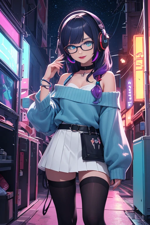((best quality)), ((masterpiece)), (detailed), perfect face, female, gamer girl, aqua eyes, cherry-red lips, light smile, long black hair, purple streaks, wearing headphones, nerdy glasses, bangs, ribbon, choker, bracelet, sleeves past fingers, black off-shoulder sweater, white skirt, thigh-highs, gamer girl's bedroom, nighttime, neon lights, colorful lights, purple and cyan themed background