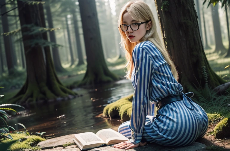(whole body:1.5),(((One girl)):1.3),(Displaying the viewer:1.4),((Anatomically correct):1.45),((sit in the forest):1.2),(He wears big glasses、holding a book in hand:1.15),(shy:1.15),(Multi-colored sailor dress with ribbon:1.2),((((Striped))) ,(pantyhose):1.3),( High heeled uniform leather shoes with ribbons for female students:1.1),(Accurate and perfect face:1.3),(Blue eyed blonde:1.2),Hyper HD, Ray Tracing, reflected light, Structurally correct, Awards, Attention to detail, Brighten the color contrast, Facial lighting ,Cinema Lighting, masterpiece, Super Detail, high quality, Attention to detail, 最high quality, 16k,High Contrast,