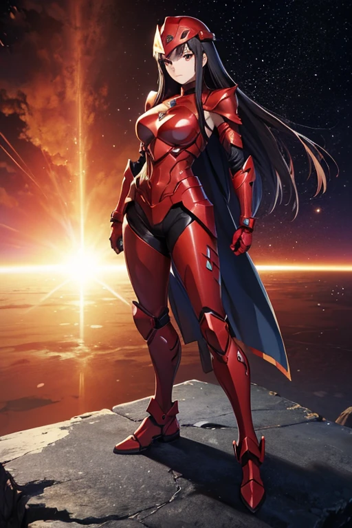 Anime Art,Full body portrait、Space SF Armored Warrior、A woman around 36 years old, about 170cm tall, standing upright with her arms folded, wearing red armor and a red helmet、Calm expression、Long black hair、gloves、Arm guard、Leggers