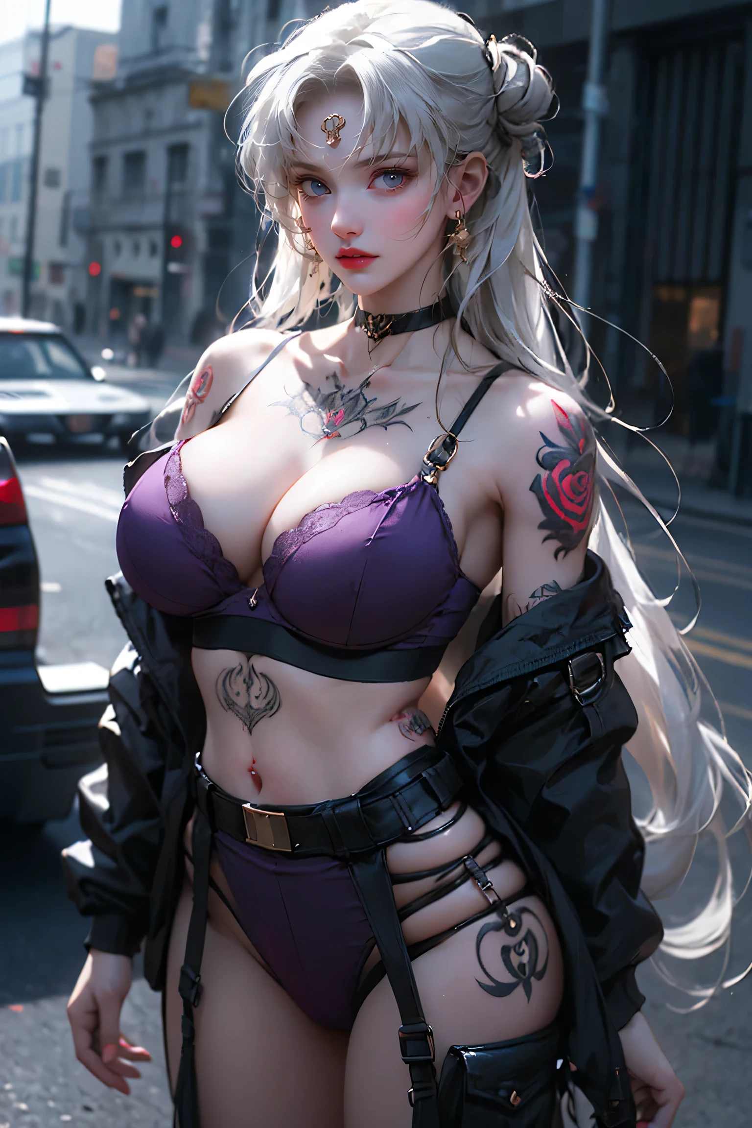 One Girl, Gray Hair, Long Hair, Techwear masterpiece, highest quality, Realistic, Dark purple jacket, Portraiture, fine grain, Platinum Hair, 21 year old girl, Fashion pose, Half Body, Wide Shot, on the road, cyber punk,(((He has many tattoos all over his body)), (((Tight waist))), ((Big Breasts)),(See-through)，panties