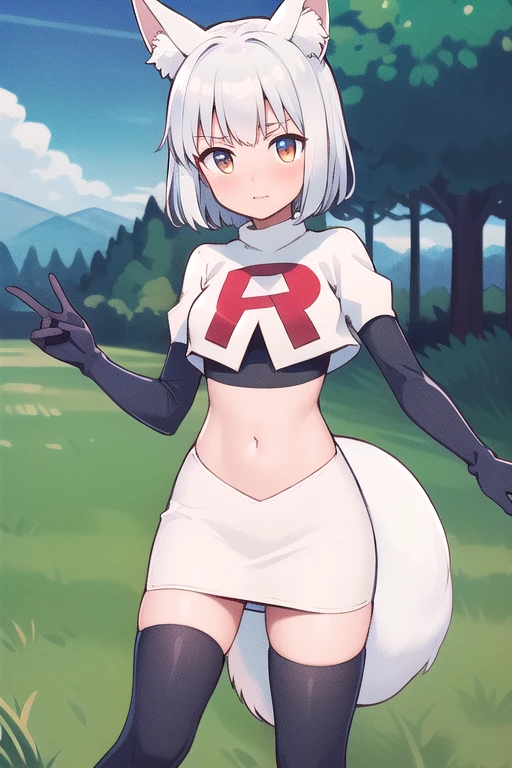 (masterpiece, best quality, highly detailed), 1girl, cowboy shot, lico, outside, trees, grass, sun, clouds, sky, team rocket,team rocket uniform,white skirt,red letter R,crop top,black thigh-highs,black elbow gloves , blush, fox ears, fox tail