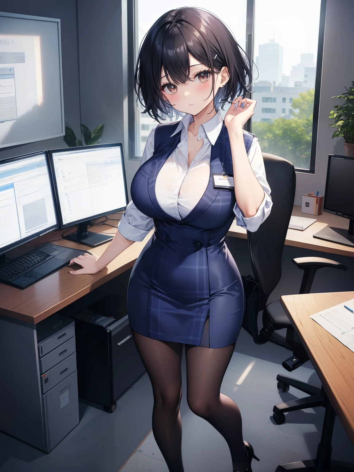 highest quality, Flying debris、Beautiful woman、officeレディー、Black Hair、(Brown eyes、Big Breasts)、short hair、チェック柄のダークブルーのofficeスーツ)、new employee,Full Body Shot、Female office lady、break(Dark blue checked vest、White dress shirt、Navy blue short tight pencil skirt:1.2)、(Black knee-high socks、Absolute area、High heels)、break(office:1.3)、Cleavage、Unbutton your shirt