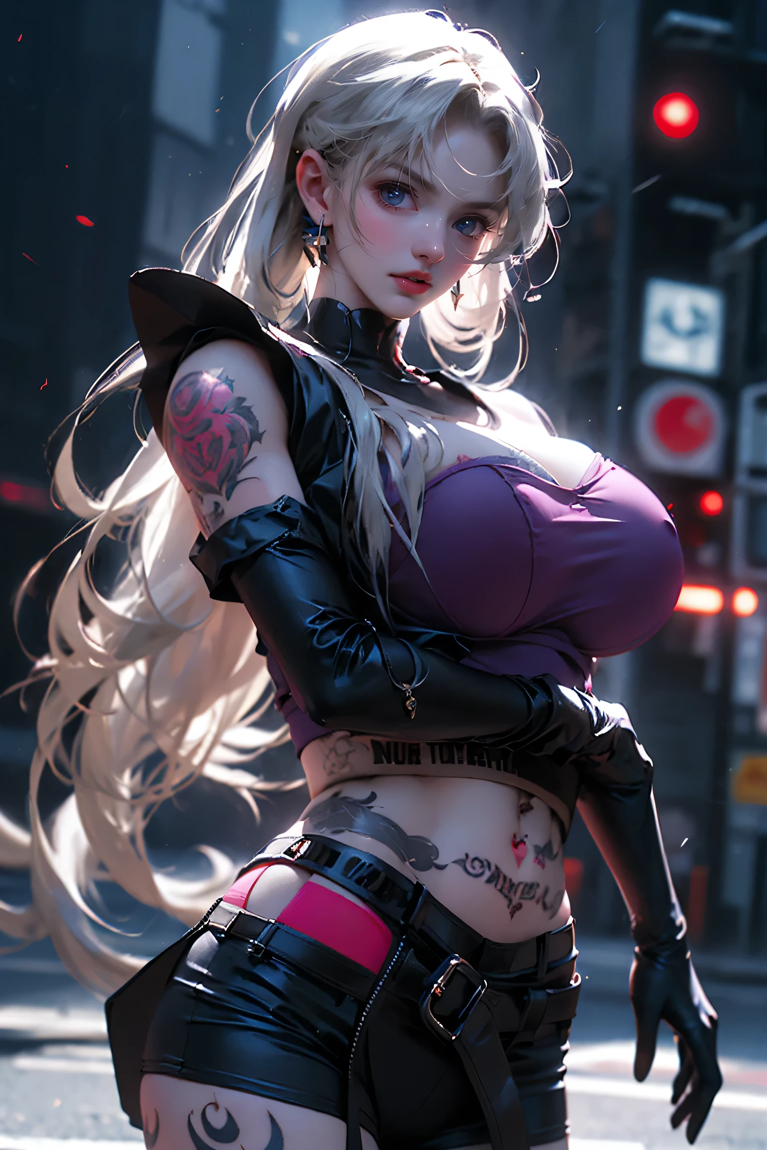 One Girl, Gray Hair, Long Hair, Techwear masterpiece, highest quality, Realistic, Dark purple jacket, Portraiture, fine grain, Platinum Hair, 21 year old girl, Fashion pose, Half Body, Wide Shot, on the road, cyber punk,(((He has many tattoos all over his body)), (((Tight waist))), ((Big Breasts)),(See-through),panties