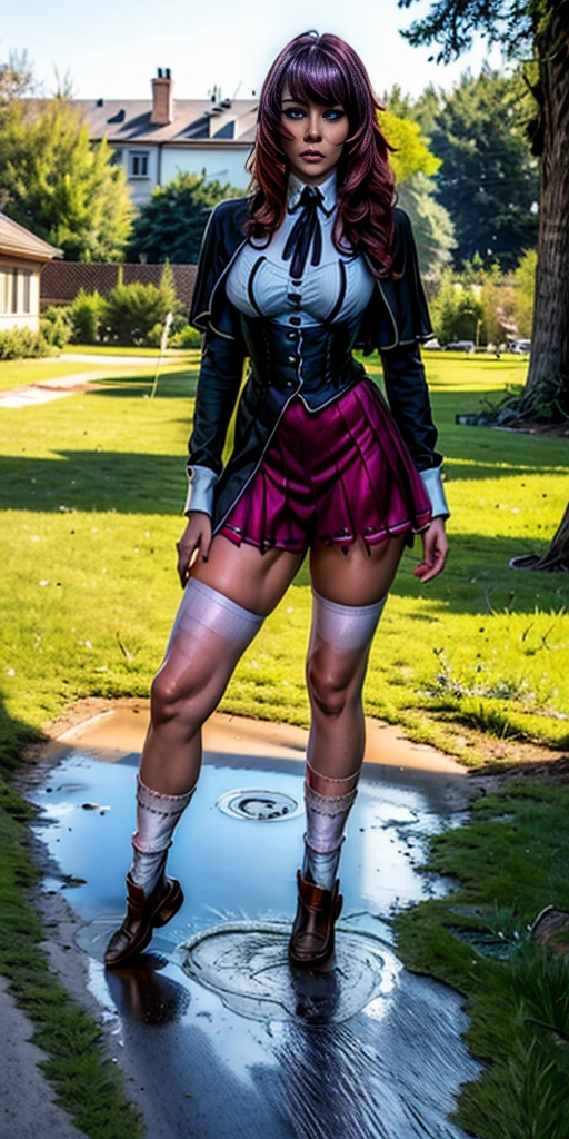 (masterpiece, best quality:1.2, realistic, photo-realistic:1.4) RAW photo, 8k, high resolution, intricate details, extremely detailed, depth of field (full body, front view, socks, loafers:1.8) ANIME_DxD_Rias_Gremory_ownwaifu, Rias Gremory, 1sologirl, a female student standing, very long red hair, bangs, big scar between eyes, hair over large breasts, blue eyes, collarbone, thigh highs, Kuoh academy uniform, black capelet, underbust black corset, collared shirt, long sleeves, miniskirt, layered skirt, purple skirt, black neck ribbon, thighhighs, photo background, outdoors, overgrown, urban ruins, daytime, Sunnyside daytime in hot summer,
(peeing self, urination, large urine puddle, desperate pose for peeing)