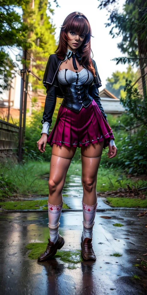 (masterpiece, best quality:1.2, realistic, photo-realistic:1.4) RAW photo, 8k, high resolution, intricate details, extremely detailed, depth of field (full body, front view, socks, loafers:1.8) ANIME_DxD_Rias_Gremory_ownwaifu, Rias Gremory, 1sologirl, a female student standing, very long red hair, bangs, big scar between eyes, hair over large breasts, blue eyes, collarbone, thigh highs, Kuoh academy uniform, black capelet, underbust black corset, collared shirt, long sleeves, miniskirt, layered skirt, purple skirt, black neck ribbon, thighhighs, photo background, outdoors, overgrown, urban ruins, daytime, Sunnyside daytime in hot summer,
(peeing self, urination, large urine puddle, desperate pose for peeing)