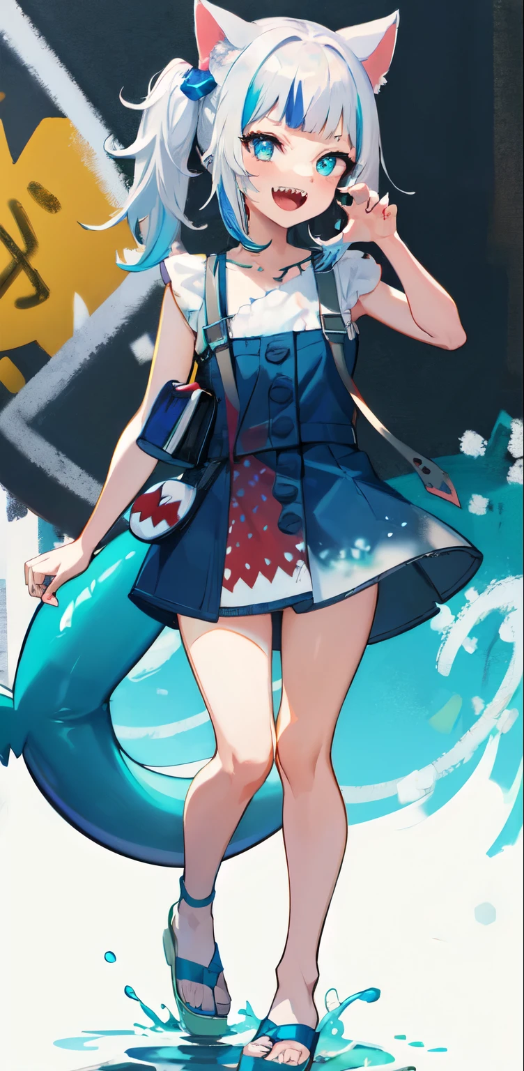 masterpiece, high quality, houshouBikini, highres, absurdres, ultra-detailed, detailed eyes, 8k, ti-emb_kobo-kanaeru, 1girl, colorful eyes, fangs, open mouth, bangs, colorful background, looking at viewer, vibrant, contrast, gradient hair, happy, graffiti wall background, water splash, close up, small breast, 2d, masterpiece, best quality, anime, highly detailed, full body, 1girl, solo, gura_neko, blue dress, cat ears, side ponytail, cube hair ornament, sandals, :d, sharp teeth, shark tail, shoulder bag,  shore town