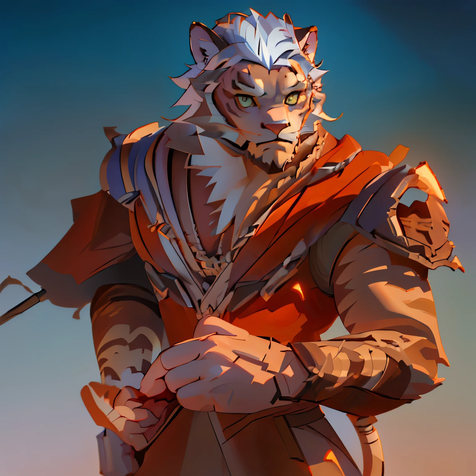 "(best quality,4k,8k,highres,masterpiece:1.2),ultra-detailed,(realistic,photorealistic,photo-realistic:1.37),dramatic lighting,portrait,Mountain lion man with large sword and horns,primal clothing,forest setting,menacing expression,vivid colors"