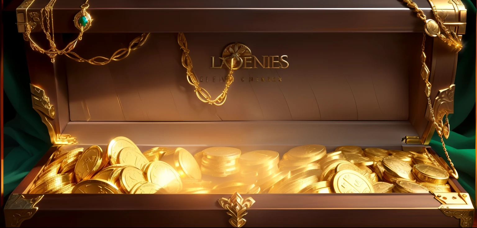 There is a chest full of gold coins and jewels, Loot Boxes, Treasure,There are many gold coins,Golden necklace,Metallic luster ,Sword,Gorgeous chests,fine,HD,high quality