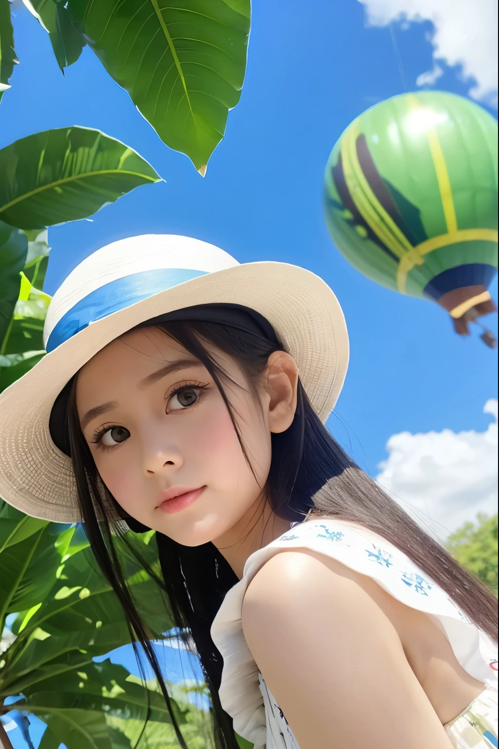 Accurate as a photo、Pyramid of Khufu、Cute Southeast Asian girl、Black Hair、Green Eyes、Floral dress on white background、Blue summer sky、White Hat、Big eyes、Bulbous Nose、Strong contrast、airship
