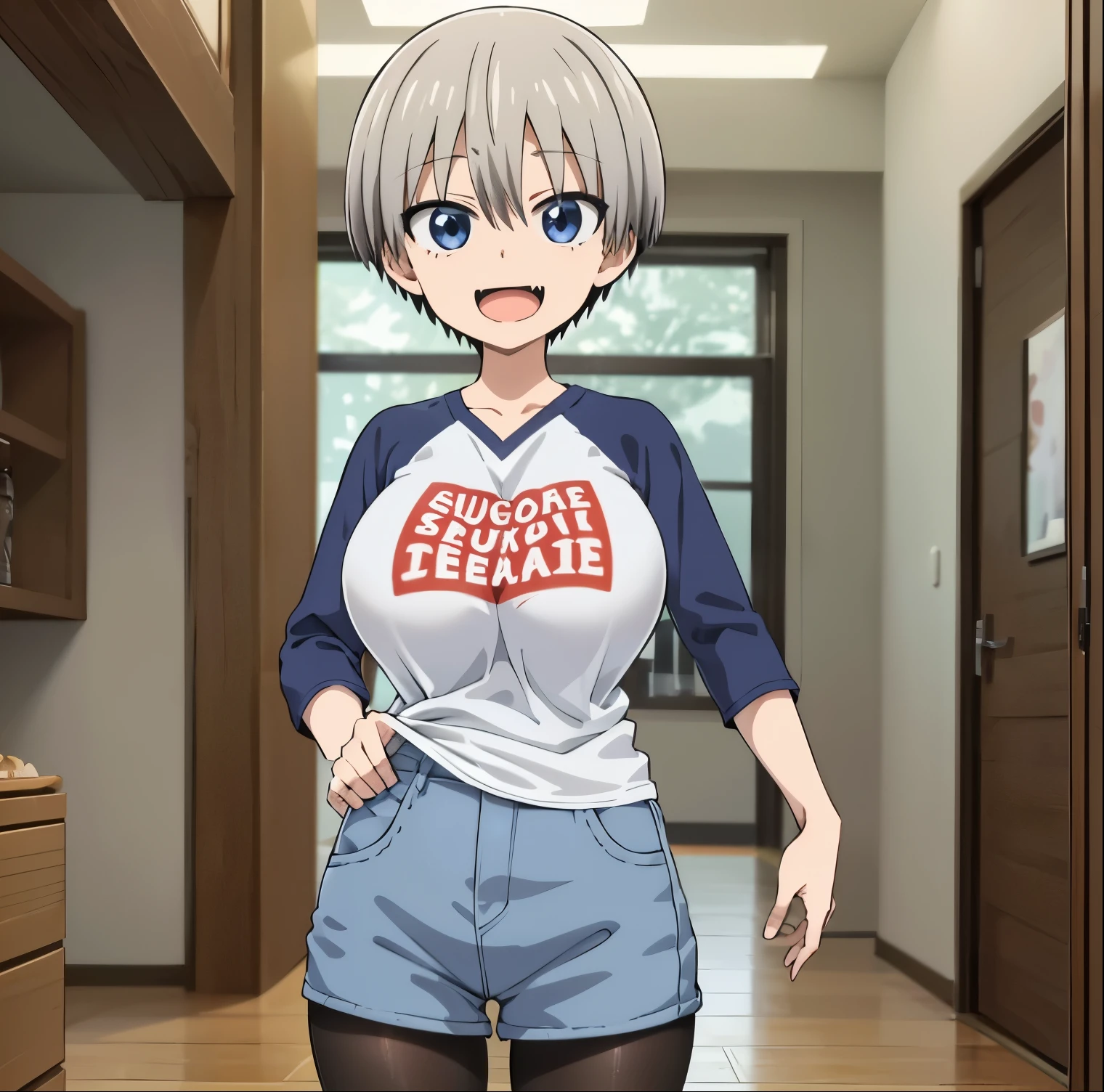 1 girl, alone, uzaki hana, (masterpiece), (best quality), (pixiv), bangs, blue eyes, short hair, gray hair, fangs, shirt, raglan sleeves, romaji text, written clothes, long sleeves, huge breasts, denim shorts, pantyhose, fangs, large breasts, slim waist, wide hips, medium thighs, round butt, smile, standing (extremely detailed CG unity 8k wallpaper), looking at viewer from behind, point of view view (from below), intricate cowboy photo, (detailed face, detailed eyes: 1.2), best lighting, bakery, window, perfect hands, perfect anatomy