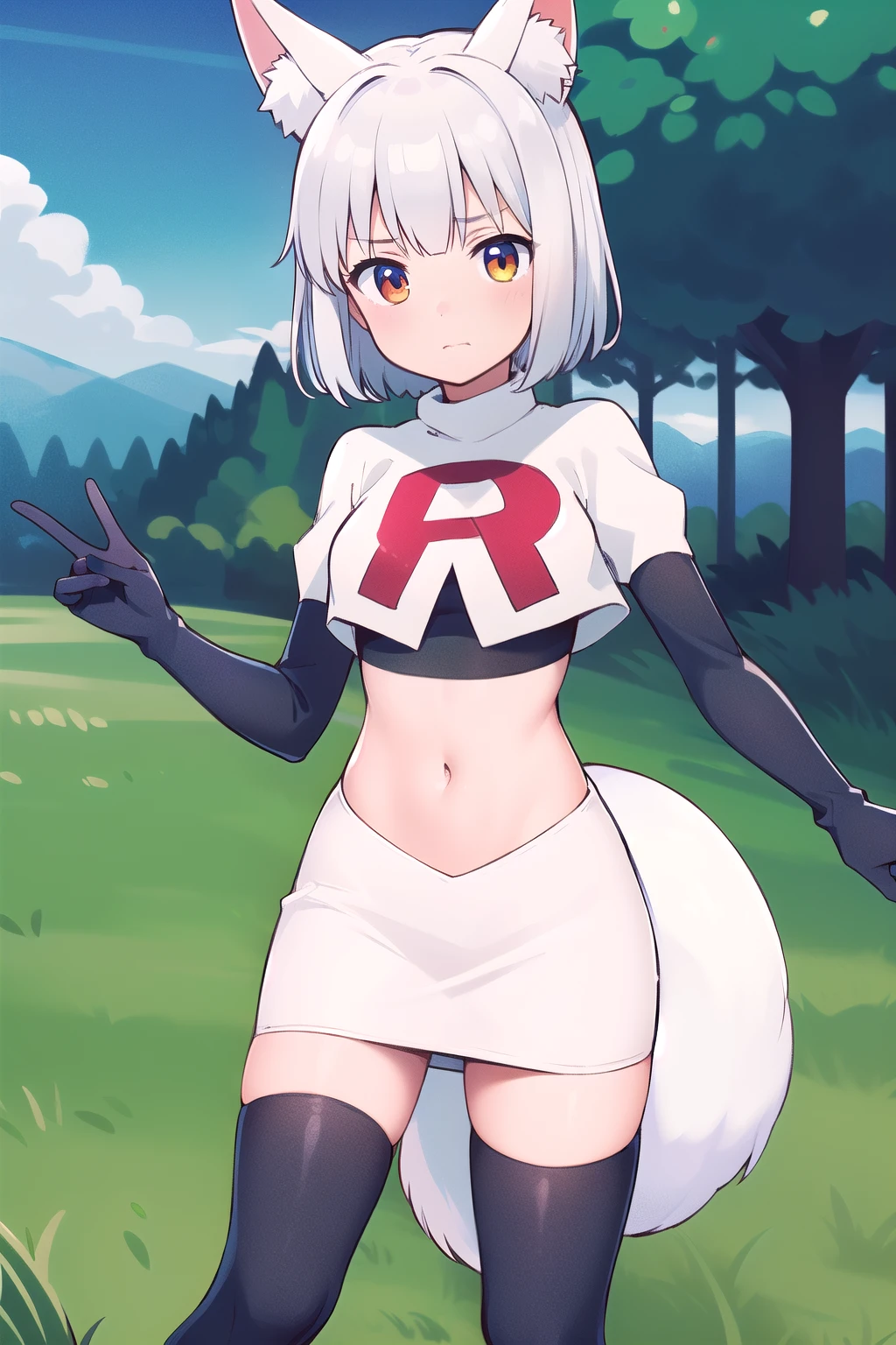 (masterpiece, best quality, highly detailed), 1girl, cowboy shot, lico, outside, trees, grass, sun, clouds, sky, team rocket,team rocket uniform,white skirt,red letter R,crop top,black thigh-highs,black elbow gloves , blush, fox ears, fox tail