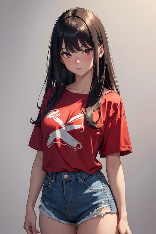 ((Best Quality), ((Masterpiece)), Cinematic lighting, detailed costume, There is a beautiful girl in a red shirt and jean shorts, 1 girl, solo, shirt, shorts, red shirt , long hair, looking at viewer , white background, simple background, short sleeves, black hair, red eyes, breasts, shorts, cowboy shot, closed mouth, bangs, blush, denim