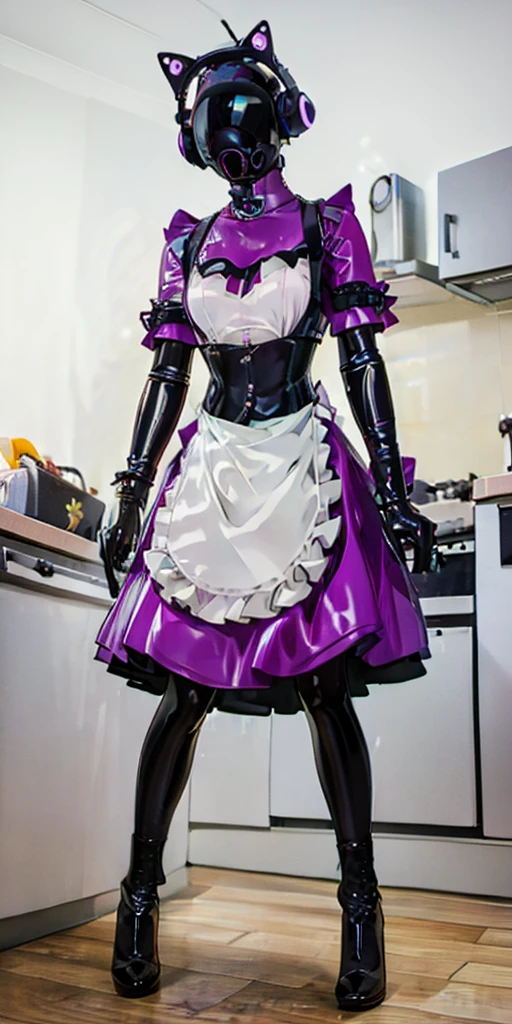 16k, HD, Professional, Highly Detailed ((Masterpiece: 0.3)) (((High Quality))) anime, blank face, null, female crow ((beak)) latex ((latex face)) (hot pink (frilly maid dress)) skirt, apron, cleaning, gamer, cleaning, standing in kitchen