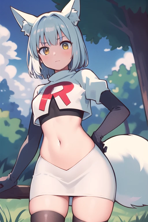 (masterpiece, best quality, highly detailed), 1girl, cowboy shot, lico, outside, trees, grass, sun, clouds, sky, team rocket,team rocket uniform,white skirt,red letter R,crop top,black thigh-highs,black elbow gloves , blush, fox ears, fox tail