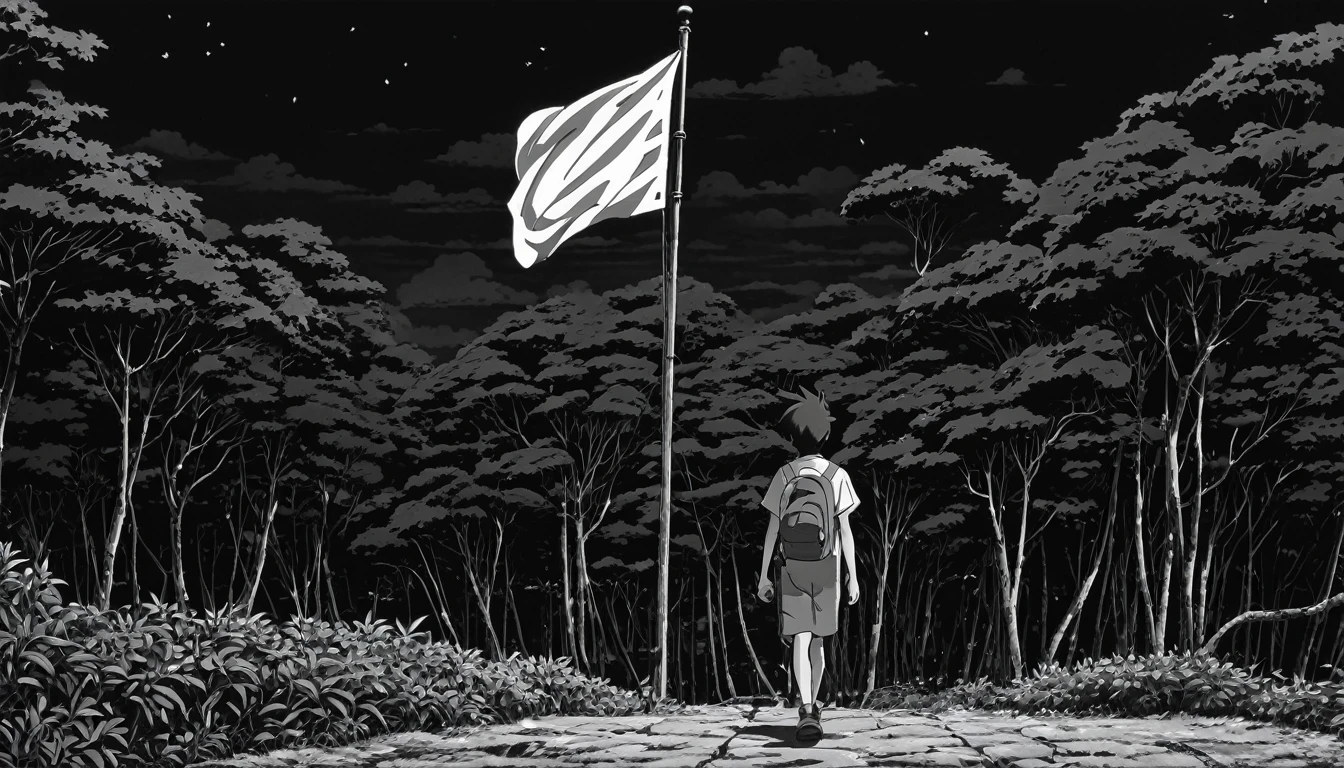 arte de anime Cena de anime dos anos 1990 de um menino brasileiro, vestindo ou segurando a bandeira do brasil por studio ghibli
. estilo anime, chave visual, vibrante, studio anime, Highly detailed in antique black and white in Dark style, the character is sad