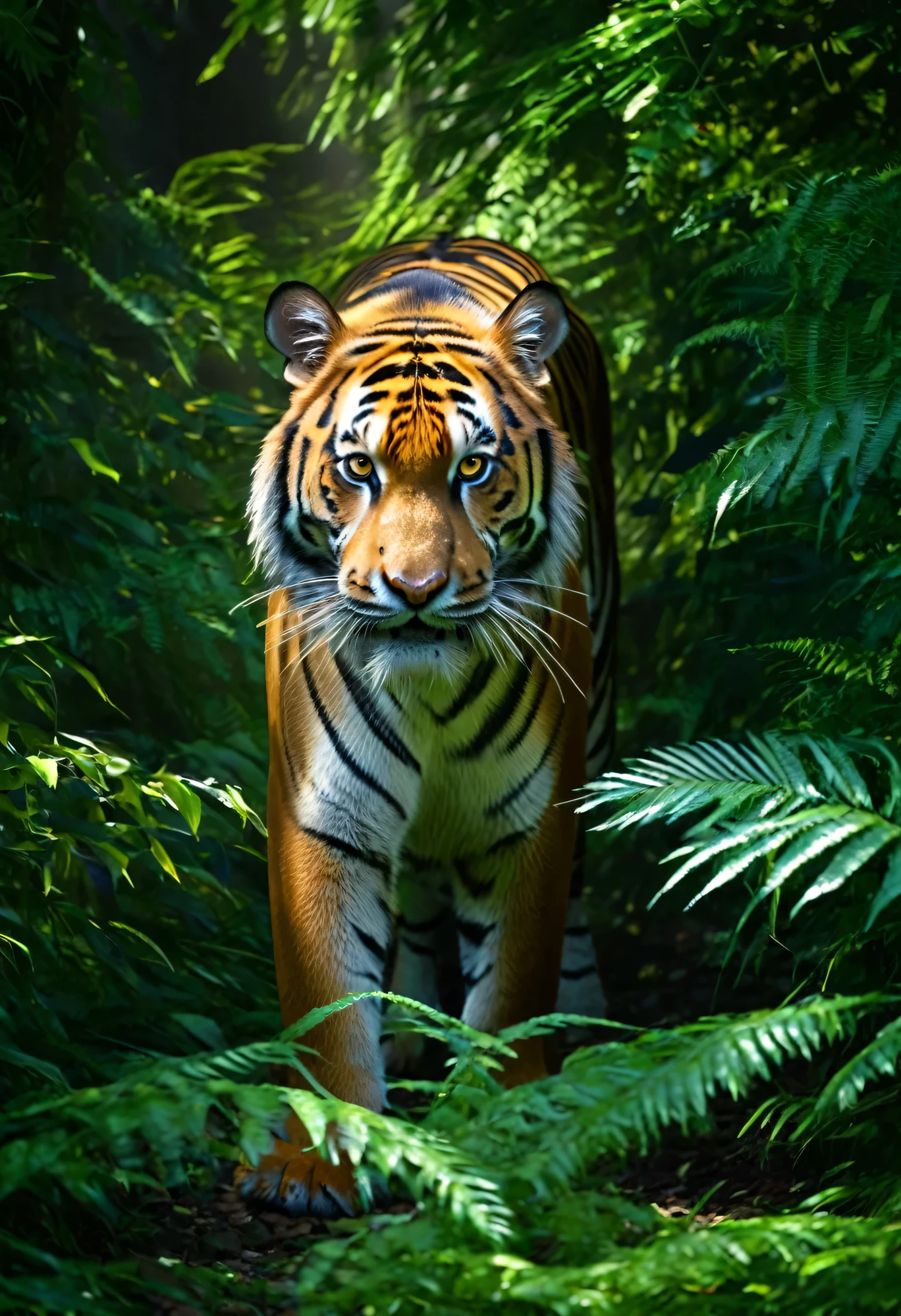 ((very close-up, face of a tiger among shadows: 1.6)), (best quality, 8k, highres, masterpiece: 1.2), between trees and plants, on the prowl, lights and shadows, mystery, magical majestic, hyper-realistic , sharpness, best photography, HD, 8K, enchanting forest habitat, vibrant vegetation, camouflage, piercing eyes, impressive muscular build, elegant yet powerful movements, subtle breath in the cold air, mystical atmosphere, ethereal presence, captivating aura, dense foliage, dappled sunlight through leaves, intricate textures, fine fur details, stunning wildlife composition, impeccable focus, captivating ambiance, untamed beauty, stunning and unseen.