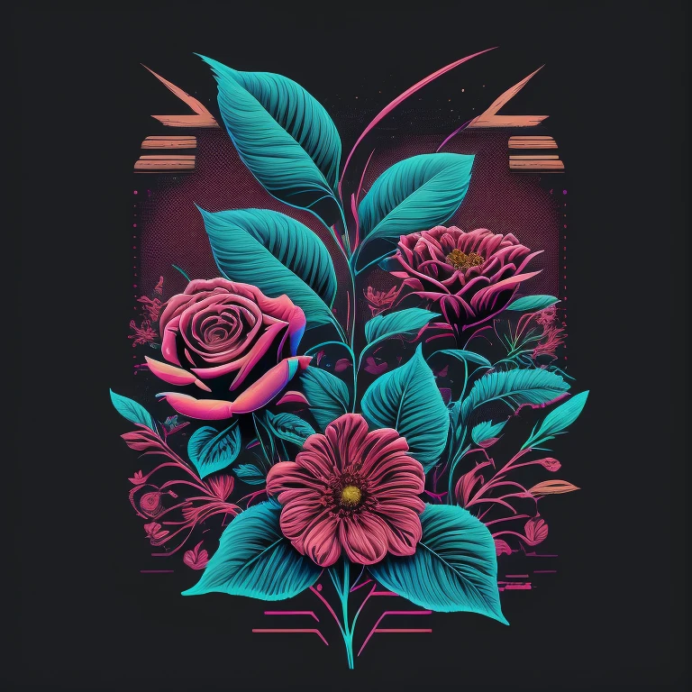 Nature Blueprint, Leaf, Flower, Botanical, Organic, 80s vector illustration, t-shirt design, isolated, black background, amazing artwork illustration,bambo,bomb,rose flower,all in one,digital artwork,amazing