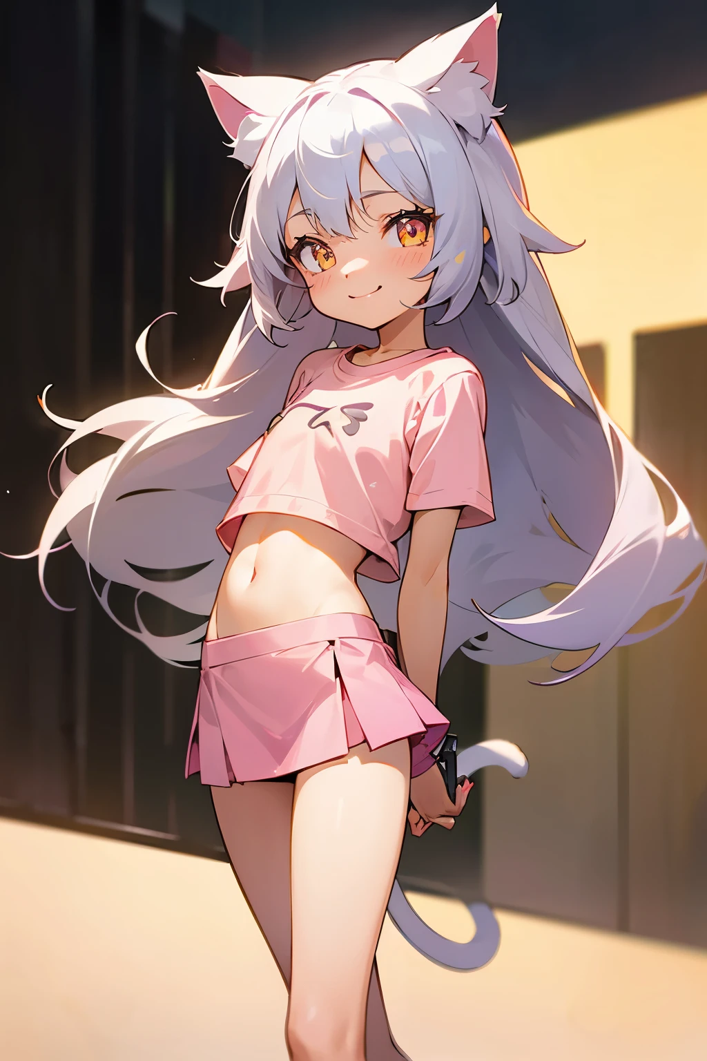 1girl, silver hair, golden eyes with pupils, ((skinny)), ((petite)), short, small, ((neko)), (cropped solid pastel pink tshirt), long hair, short skirt, (((kid))), cat ears, happy, blush, flat chest, midriff, at school, tummy, smiling