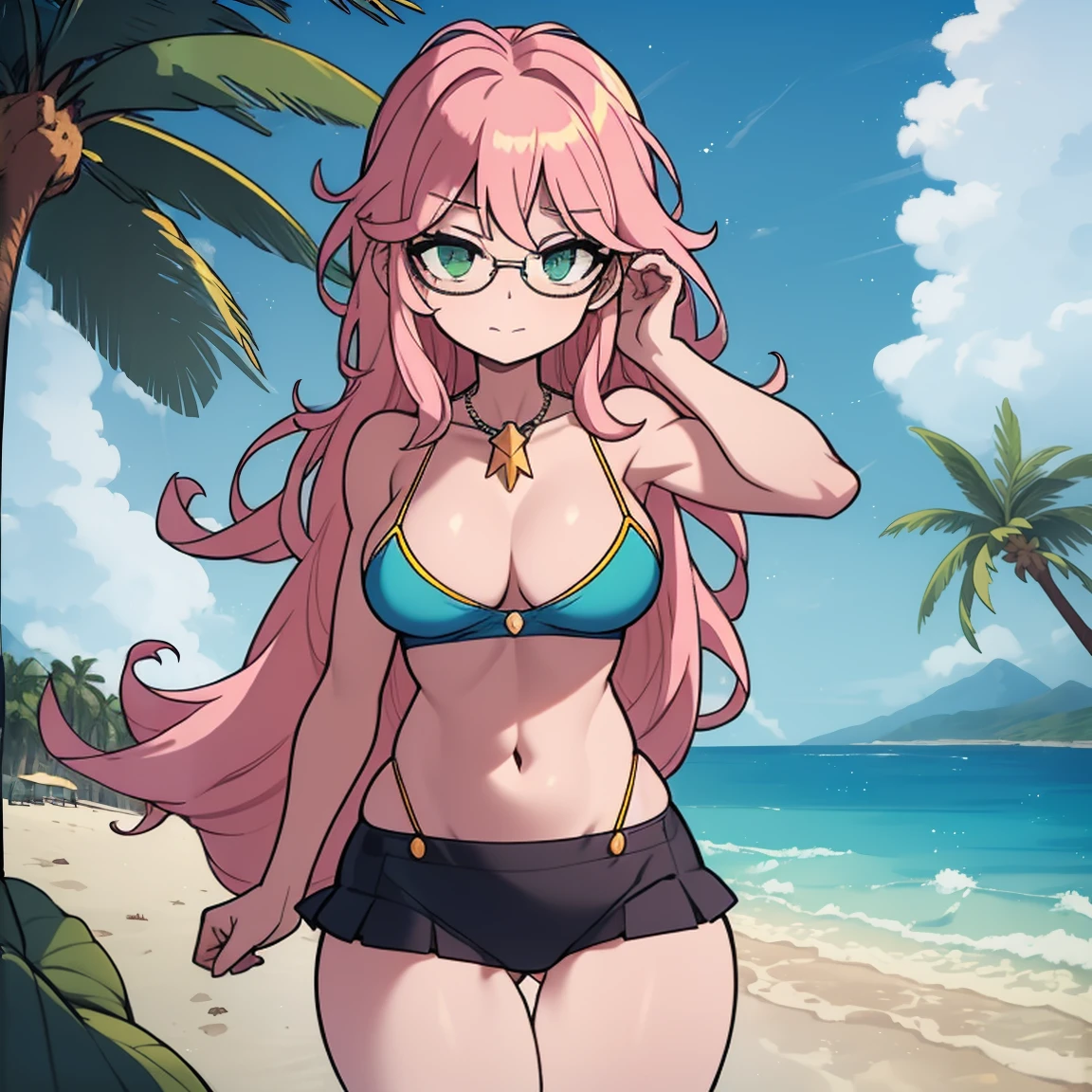 (masterpiece, best quality:1.2), cowboy shot, (solo), (1girl):1.5, glasses, long fluffy pink hair, hair blowing, gorgeous body, wide hips, slight smile, (sexy swimswit), navel exposed, belly, gorgeous mid breasts, breasts niples, (cameltoe), in front a palms in a windy beach, view form sea to beach.