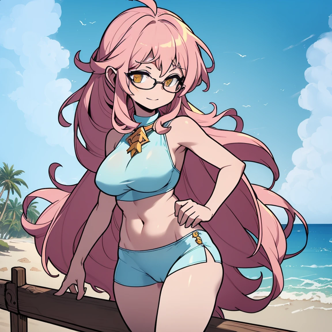 (masterpiece, best quality:1.2), cowboy shot, (solo), (1girl):1.5, glasses, long fluffy pink hair, hair blowing, gorgeous body, wide hips, slight smile, (sexy swimswit), navel exposed, belly, gorgeous mid breasts, breasts niples, (cameltoe), in front a palms in a windy beach, view form sea to beach.