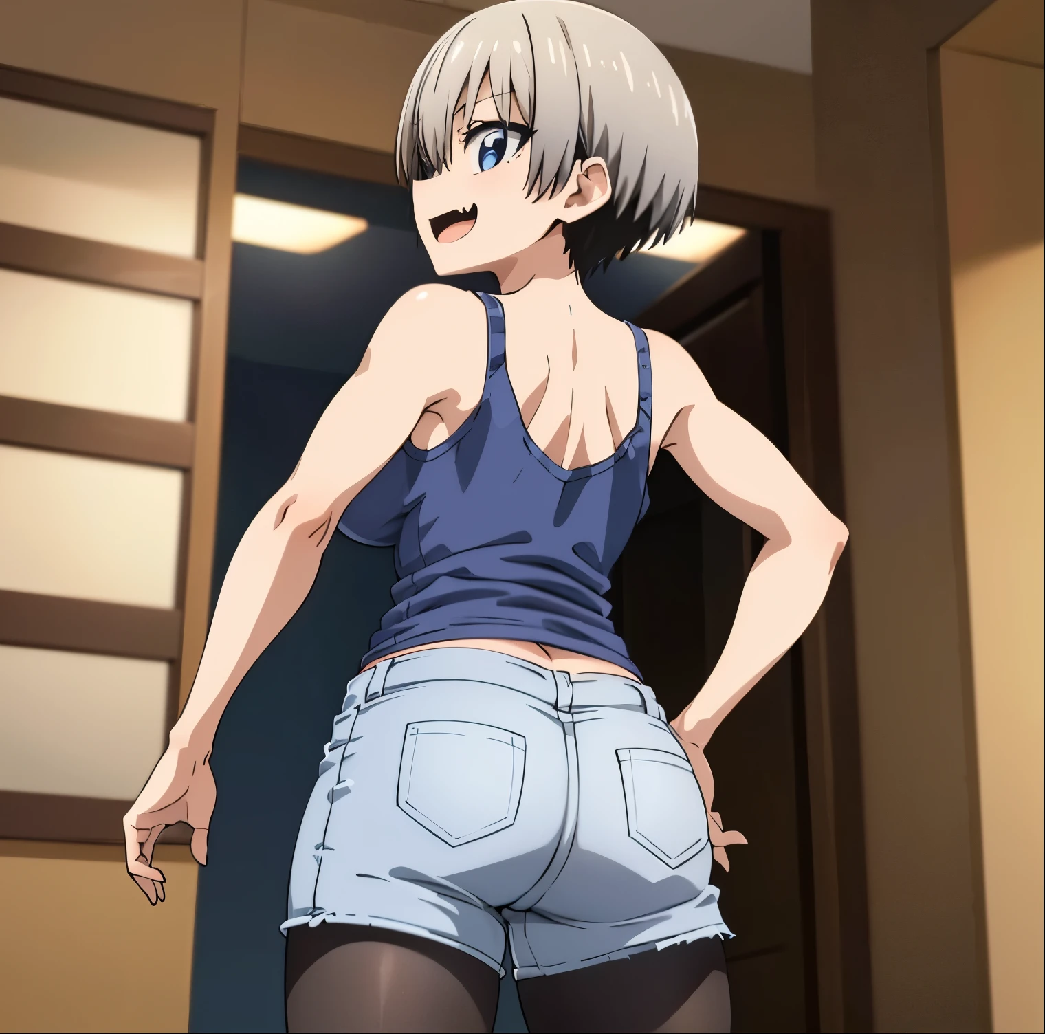 1 girl, alone, uzaki hana, (masterpiece), (best quality), (pixiv), bangs, blue eyes, short hair, gray hair, fangs, tank top, black shirt, blue jeans, skinny jeans, huge breasts , jean shorts, pantyhose, fangs, large breasts, slim waist, wide hips, medium thighs, round butt, smile, standing (extremely detailed CG unity 8k wallpaper), looking at viewer from behind, point of view ( from below), intricate cowboy photo, (detailed face, detailed eyes: 1.2), best lighting, bakery, window, perfect hands, perfect anatomy