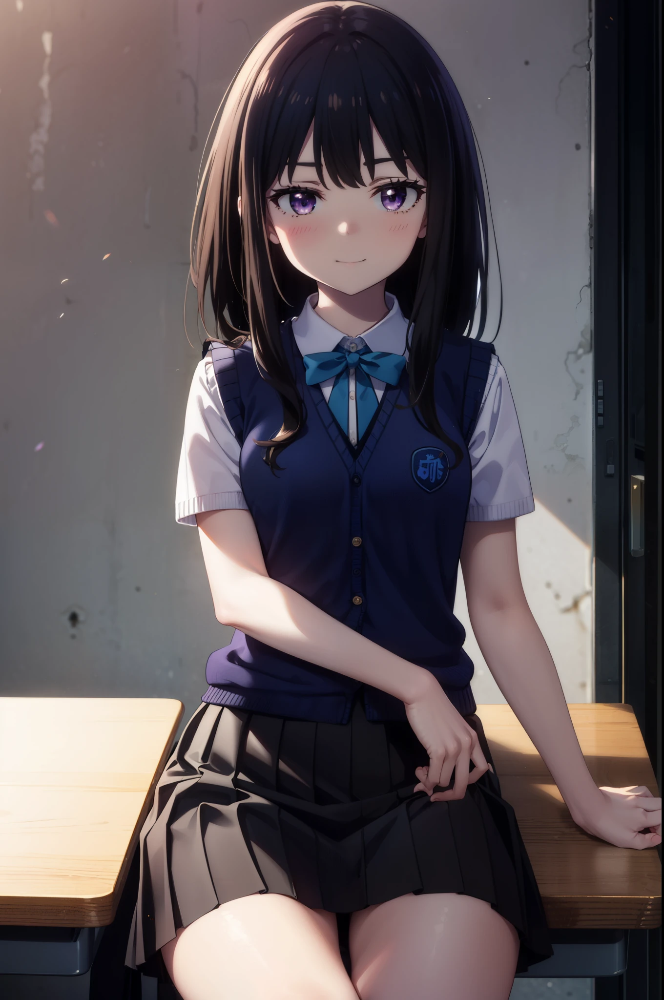 Takiuchi, Inoue Check, Long Hair, bangs, Black Hair, (Purple eyes:1.2),smile,blush,full body，
white yシャツ, Short sleeve, Pleated skirt,  Collared shirt, mini skirt, Black pantyhose, (Black Skirt:1.5), Sweater vest, (blue Sweater vest:1.5),Brown Loafers,Daytime,sunny,sitting cross-legged on a chair，whole bodyがイラストに入るように,　　　　　　　break looking at viewer　whole body, 
break indoors, School　classroom,
break (masterpiece:1.2), highest quality, High resolution, unity 8k wallpaper, (shape:0.8), (Beautiful details:1.6), Highly detailed face, Perfect lighting, Extremely detailed CG, (Perfect hands, Perfect Anatomy),