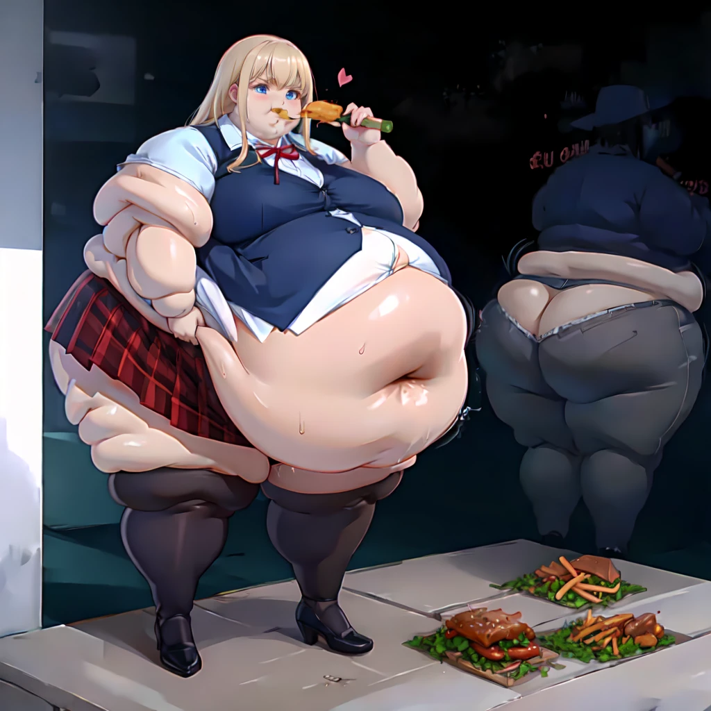 High quality, full body photo of a beautiful sexy secretary wearing extremely short skirt and seamed stockings, ((solo)), adult, high heels, craves sex, sweaty, eating at McDonalds, beautiful face, long wavy blonde hair, stunning blue eyes, massive painfully overstuffed bloated distended bulging heavy obese belly, panties visible under skirt, revealing skirt, shes binge eating, weight gain, very wide fat hips, fat thick thighs, massive wide fat round heart shaped shelf bubble butt, massive fat heavy breasts, very deep cleavage, tight uniform, belly so full it hurts, shes so fat she can barely stand, shes so full she can barely stand, her clothes dont fit shes so extremely fat, shes become a fat food addicted slob, she doesnt care about being fat anymore she just wants to eat more and more food until she cant move, covered in sweat, belly bigger than her body, she’s very heavy massive and obese, fat cheeks, fat face, fat neck, struggling to eat more, struggling to stand, shes rubbing her belly, burping, sagging obese belly, painfully churning gurgling groaning growling belly, she cant fit anymore food inside her belly, shes in a state of blubbery bliss, it hurts so much but if feels so good, visible underwear, splayed legs, its hard for her to move, fat rolls, belly rolls, shes making others obese, shes forcing others to get fatter like her,