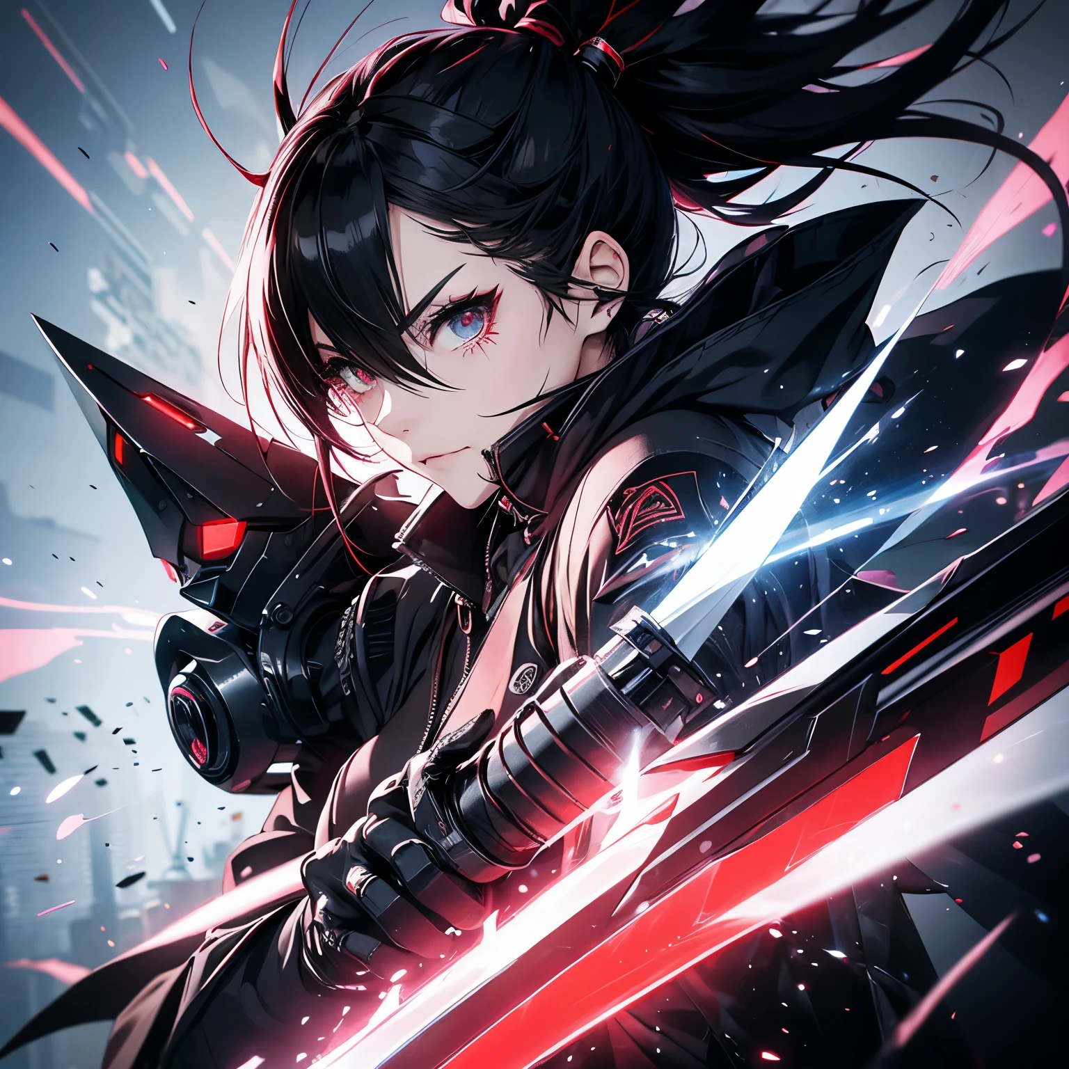 Female ninja、 cyber punk、A long black coat from neck to foot、Red spotted clothing,Sharp and large eyes、 口はcyber punkマスクで隠れている、Holding a long thin sword