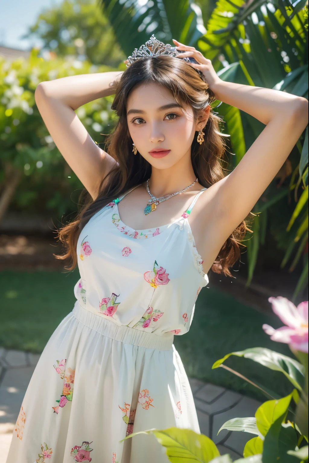 (8k, highest quality, ultra detailed:1.37), (Dina), 18yo, (a free-spirited Javanese girl), embraces the bohemian festival atmosphere. She wears a summer dress top with denim shorts and accessorizes with flowers and beads. Her brown hair in a crown braids was swept up in loose curls that tumbled down her back. The high-resolution image captures ultra-detailed realism, highlighting Dina's captivating eyes, long eyelashes, and smooth complexion. The vibrant festival setting adds an energetic and colorful backdrop to showcase Dina's carefree and artistic personality.