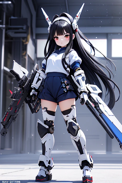 (highest quality)), ((masterpiece)), (Very detailed: 1.3), 3D, {(One Girl)}, (Navy blue bloomers and、Wear a white gym suit with a colored hem underneath the armor:1.2), (Black Hair:1.5), Wearing a futuristic Gundam mecha,(Heavy Armor Gundam), With headgear, With V-fin , Armored Shoulders,Armed, Armor at the feet, Short sleeve, Equipped with two huge weapons on its back, Leg-mounted weapon module, Multi-layer texture perfect ratio, Octane Rendering, Duotone Lighting, Low ISO, wide aperture, White balance, Three-part method, Ultra HD 16k, High resolution (High Dynamic Range), Ray Tracing, NVIDIA, Super Resolution, tered under the surface, PBR Texturing, Post-processing, Anisotropic Filtering, Written boundary depth, Maximum clarity and sharpness, Highly efficient subpixels, Subpixel Convolution, Particles of light, Scatd Light, Tyndall effect, whole body:1.5, Combat pose, cute, (cute:1.2), (Long Hair:1.3),Thick eyebrows, Pale-colored iris, big, Bright black eyes, Long eyelashes, small, Bright colors, Natural lips, (The average face of a Japanese idol), (日本人特有のBaby Face:1.3), (Baby Face), Wide forehead:1.2, Plump Cheeks, small jaw, In the Hangar,View your audience,Focus on the eyes